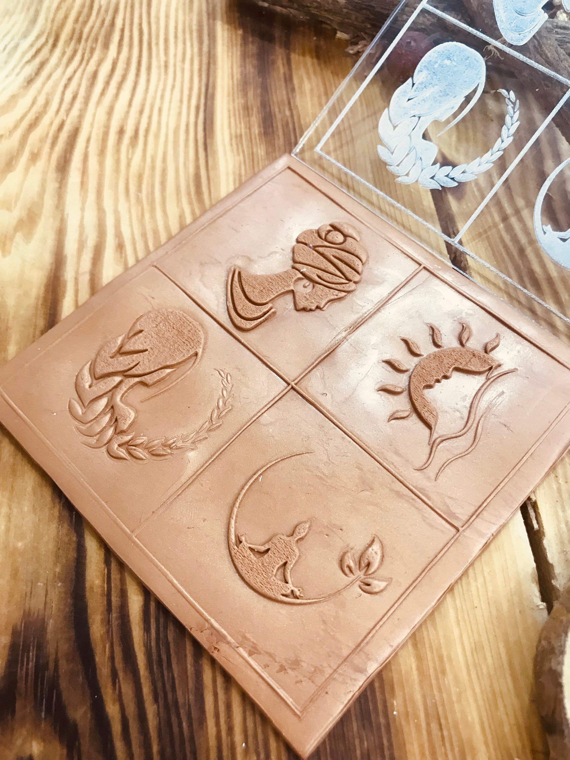 Women Symbol Texture Stamp – 4 Feminine World Symbols Mold for Polymer Clay, Air Dry Clay & Metal Clay | 10x10 cm Rubber or Acrylic