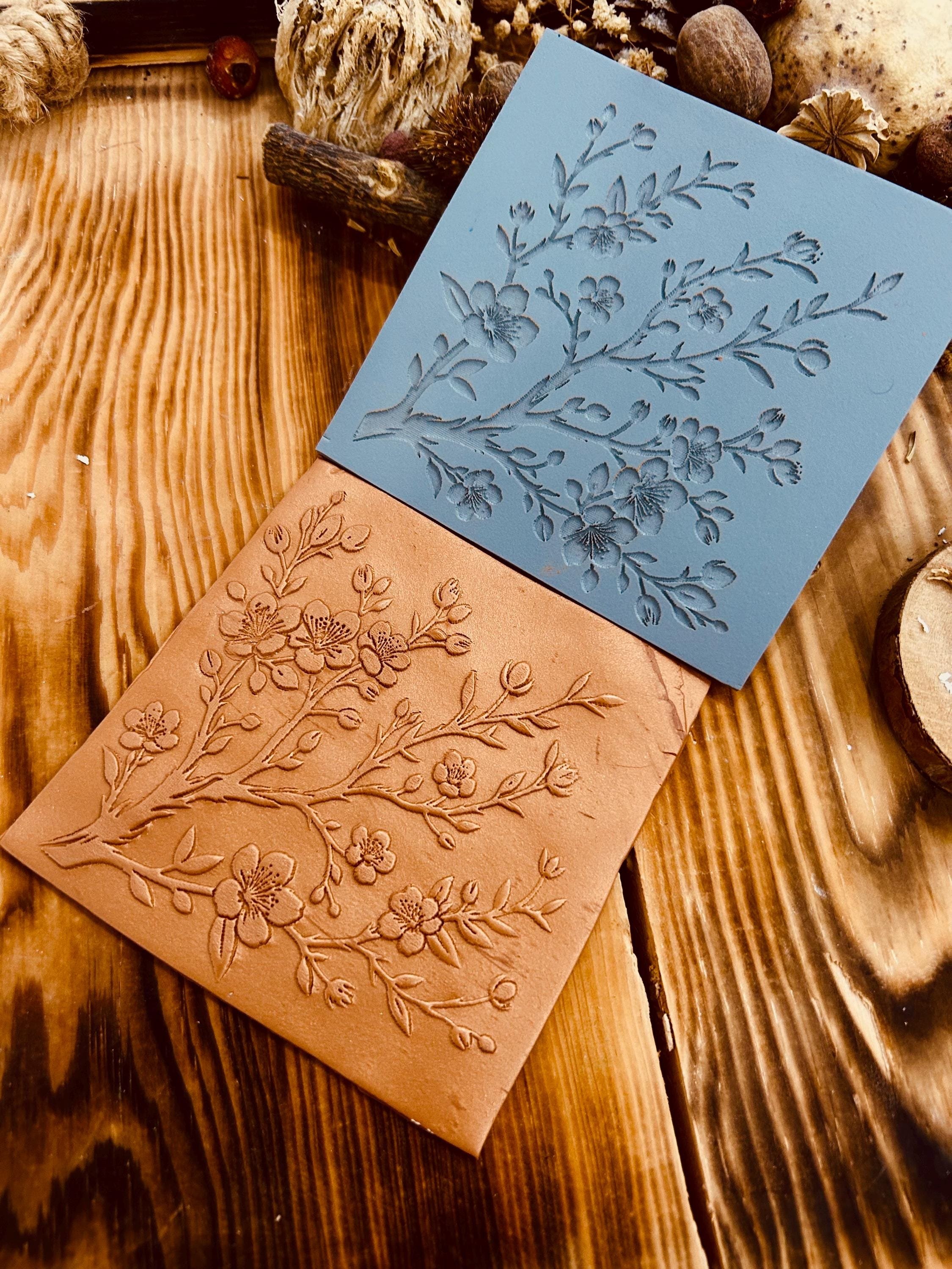 Cherry Blossom Rubber or Acrylic Texture Mat – Polymer Clay Stamp, Embossing Tool, Acrylic Texture Sheet, Plaque, Tile for Fimo, Sculpey, Cernit