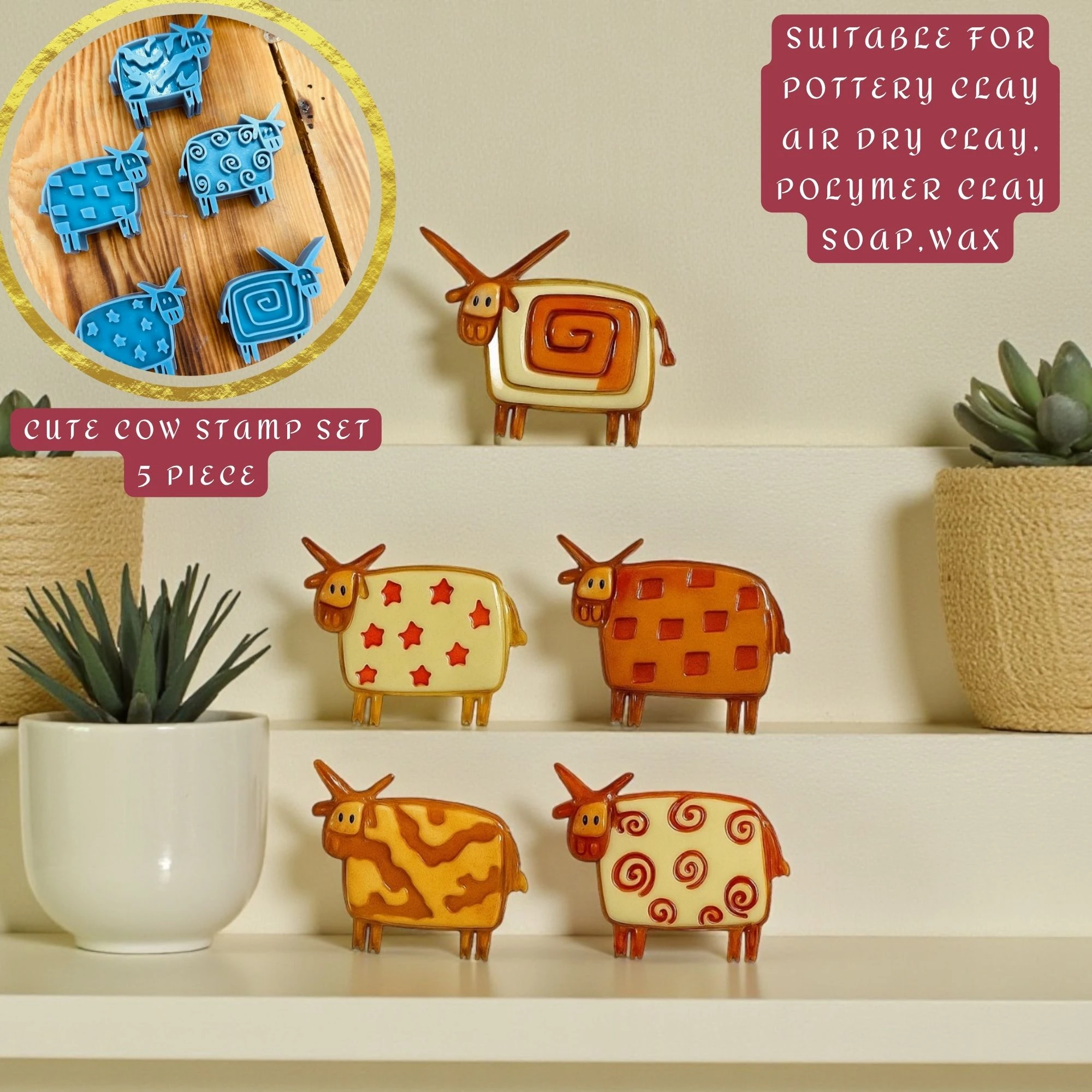 Whimsical Cow Clay Stamp Set – 5 Designs (4.5 × 4 cm / 1.77 × 1.57 in – 15mm depth)