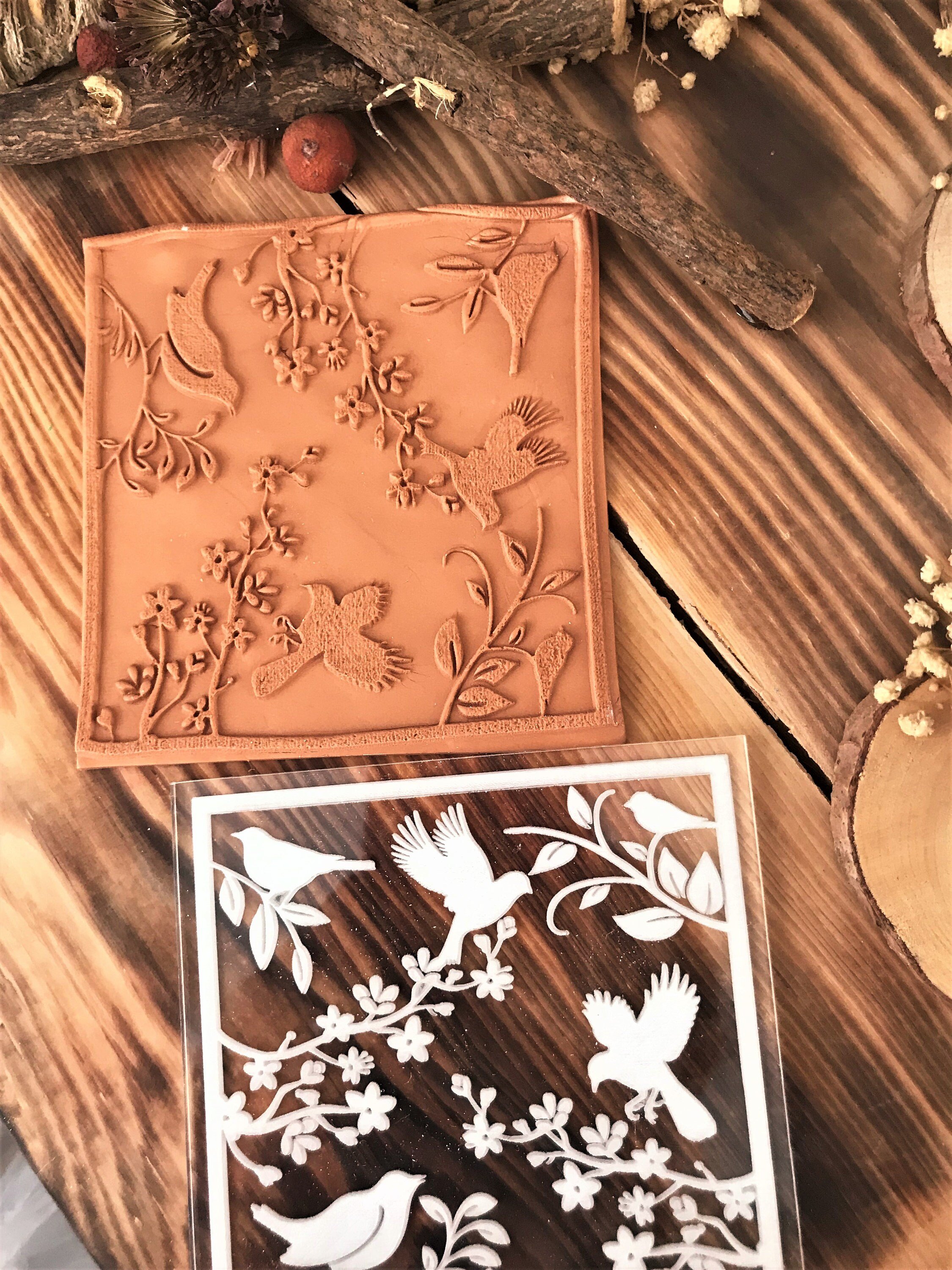 Bird Floral Rubber And Acrylic Texture Mat Stamp for Polymer Clay, Acrylic Clay Tool, Ceramic Pattern Supplies, Crafting Texture Sheet