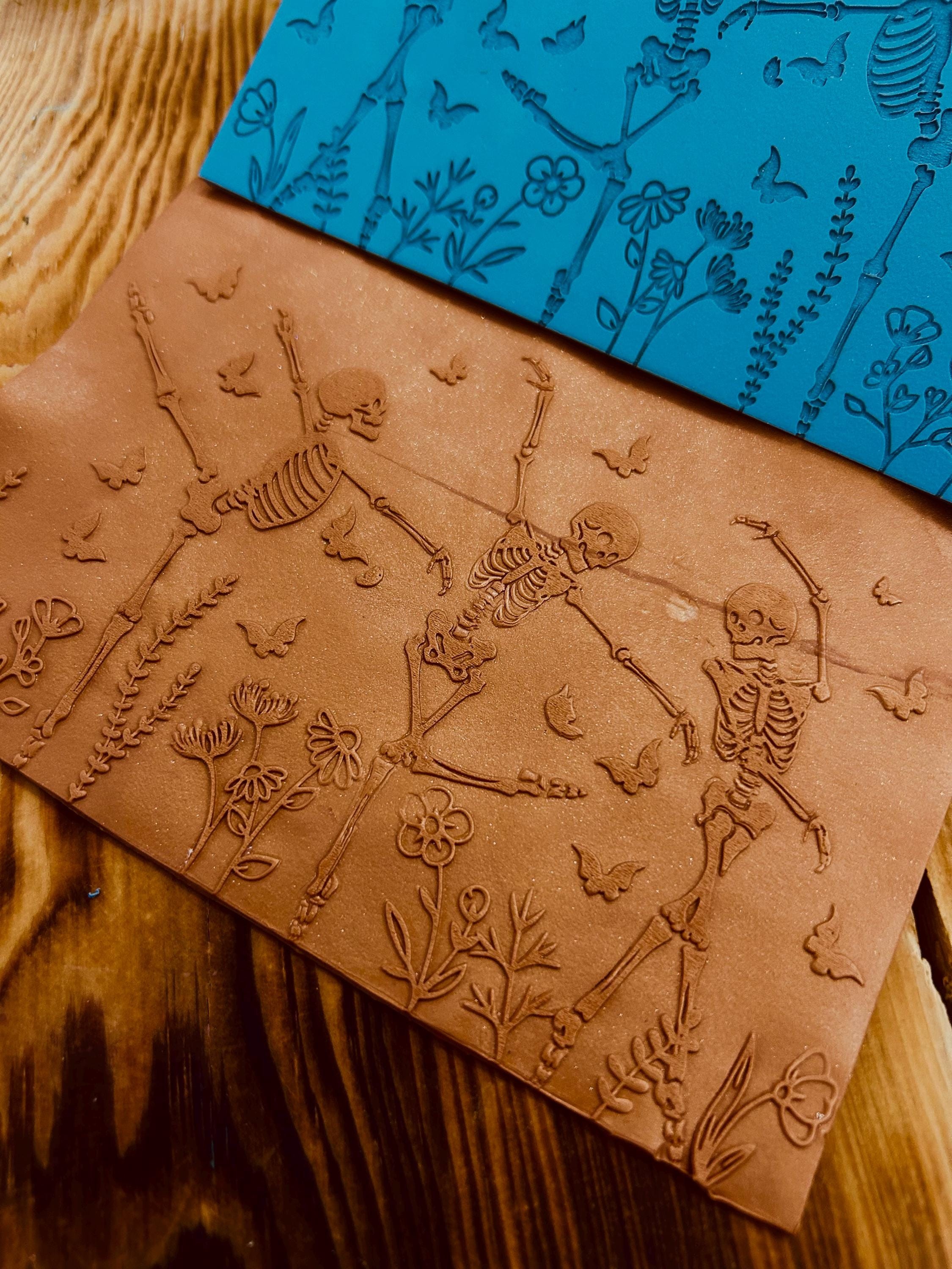 Halloween Dancing Skeleton and Butterfly Pattern Rubber Texture Mat | 10x14 cm | For Polymer Clay, Air Dry Clay, Silver Clay