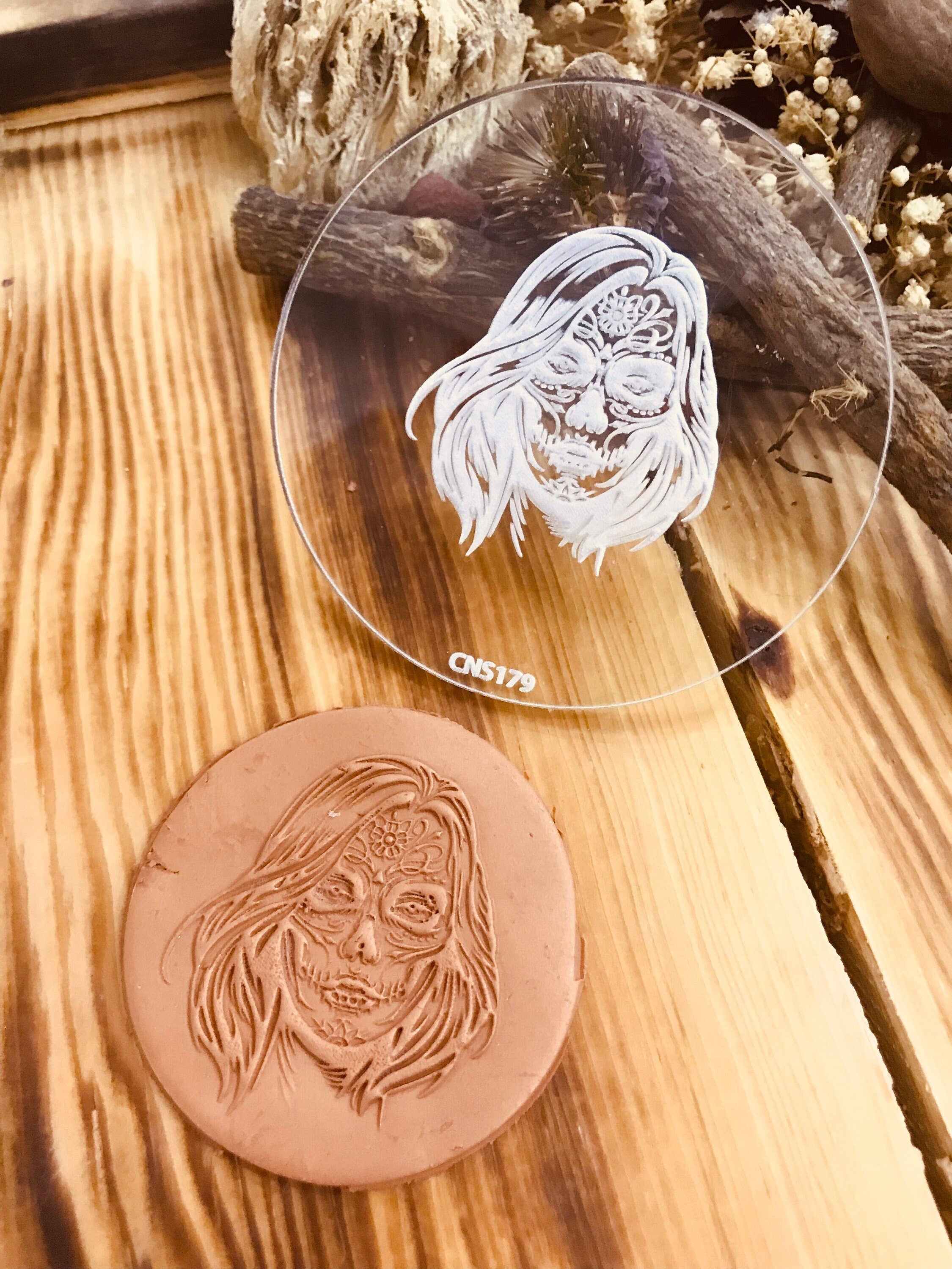 Halloween Woman Skeleton Face Pattern Texture Mat, Debossing Stamp, Acrylic clay texture tool, Texture Sheet,Ceramic Supplies, Texture Plate