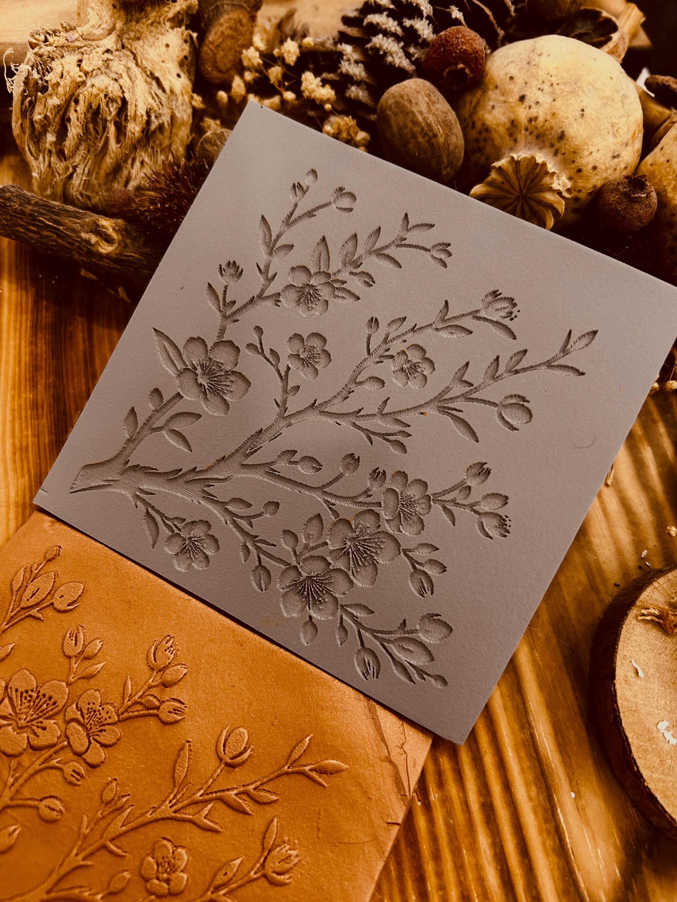 Cherry Blossom Rubber or Acrylic Texture Mat – Polymer Clay Stamp, Embossing Tool, Acrylic Texture Sheet, Plaque, Tile for Fimo, Sculpey, Cernit