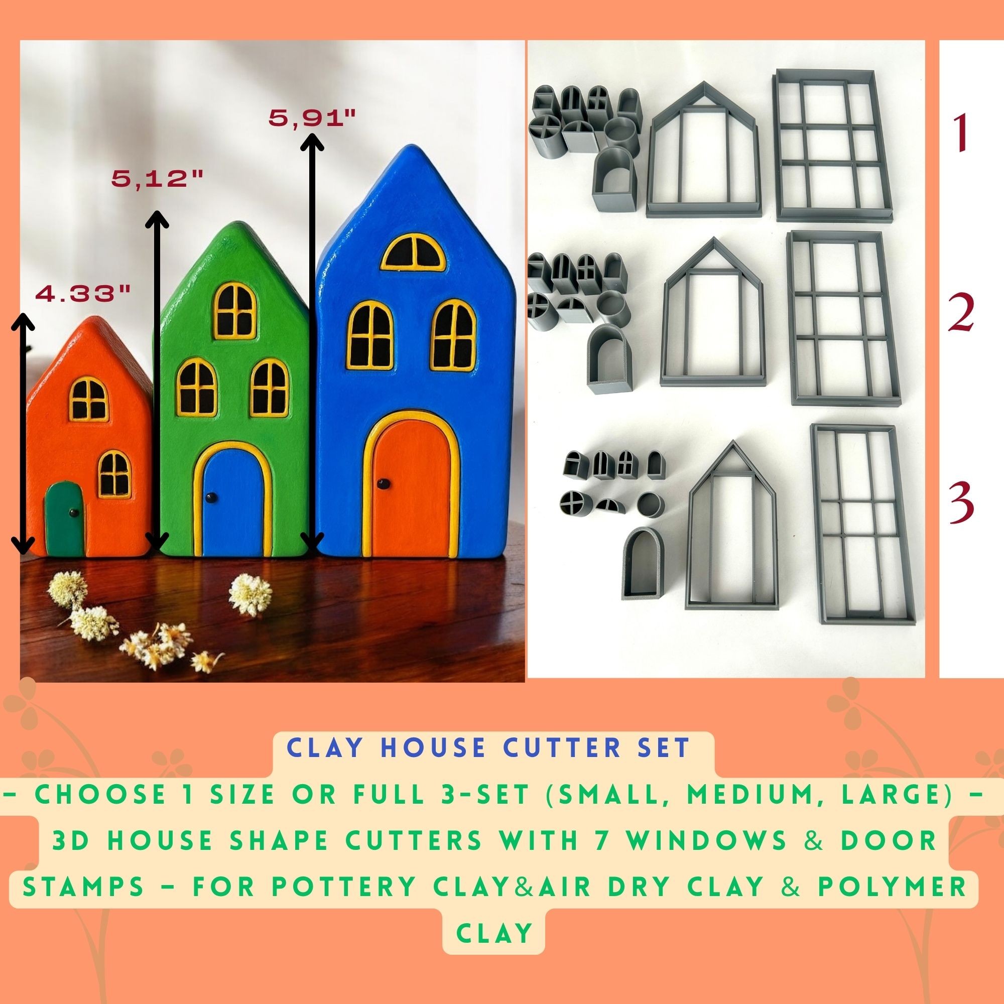 Clay House Cutter Set – Choose 1 Size or Full 3-Set House Shape Cutters with 7 Different Windows & Door Stamps – For Pottery Clay, Air Dry
