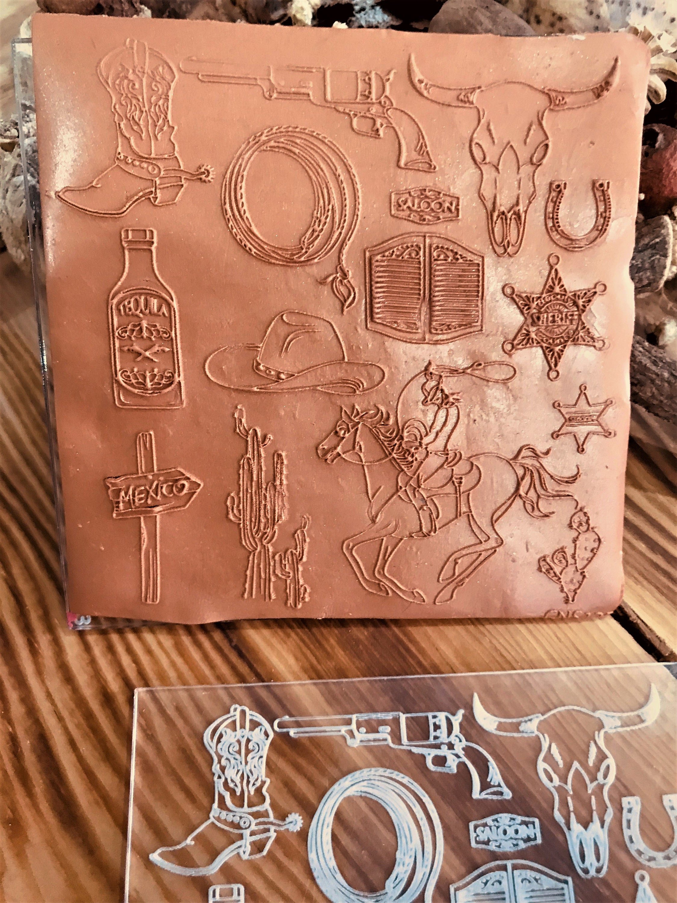 Cowboy Western Symbols Texture Sheet – Acrylic or Rubber Stamp | 10x10 cm | For Polymer Clay, Metal Clay, Air Dry Clay | Western Theme Pattern