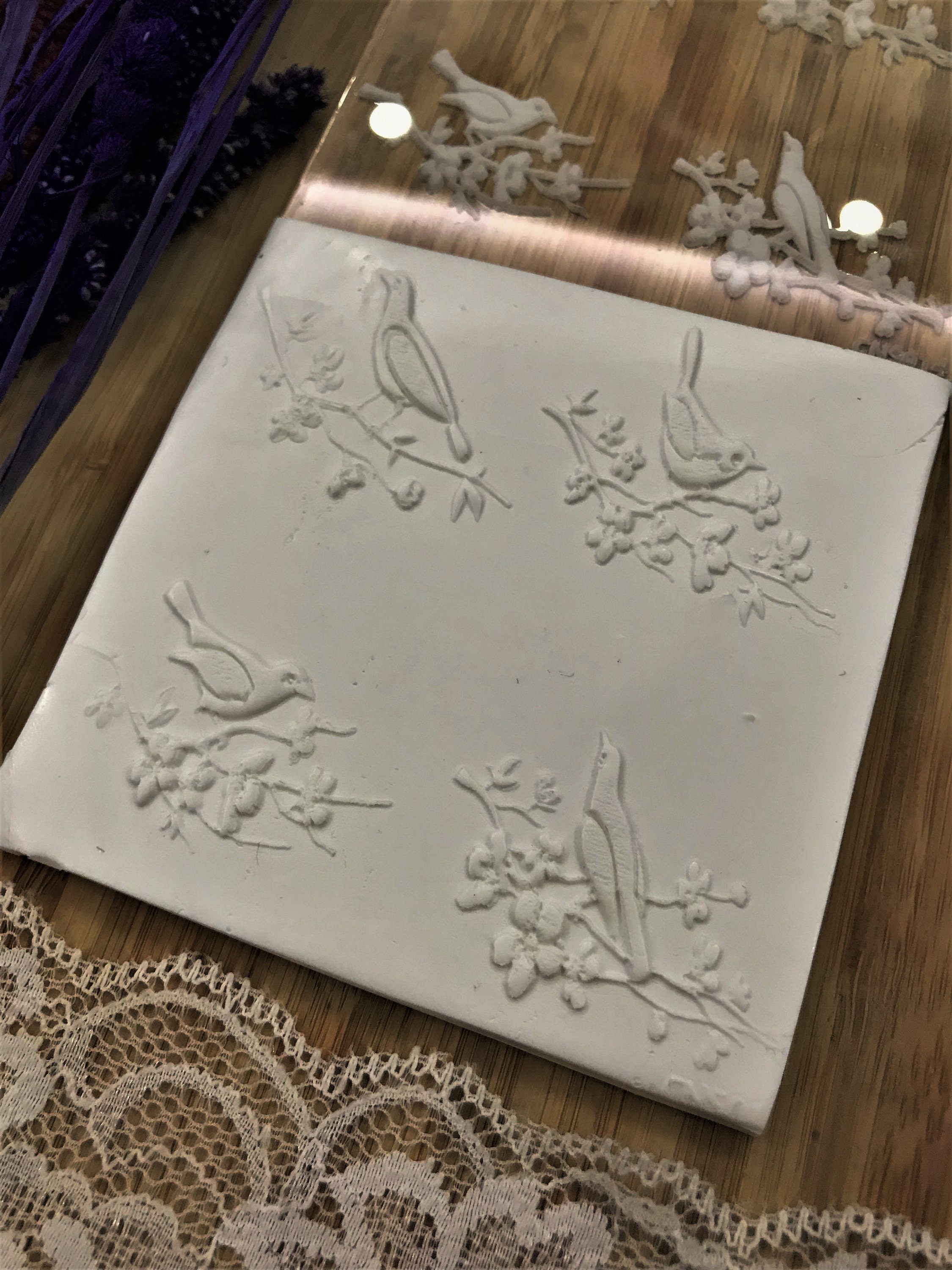 Bird Flower Clay Rubber Or Acrylic Texture Mat – Acrylic Clay Tool, Dough Sheeter, Ceramic Supplies, Crafting Texture Plate