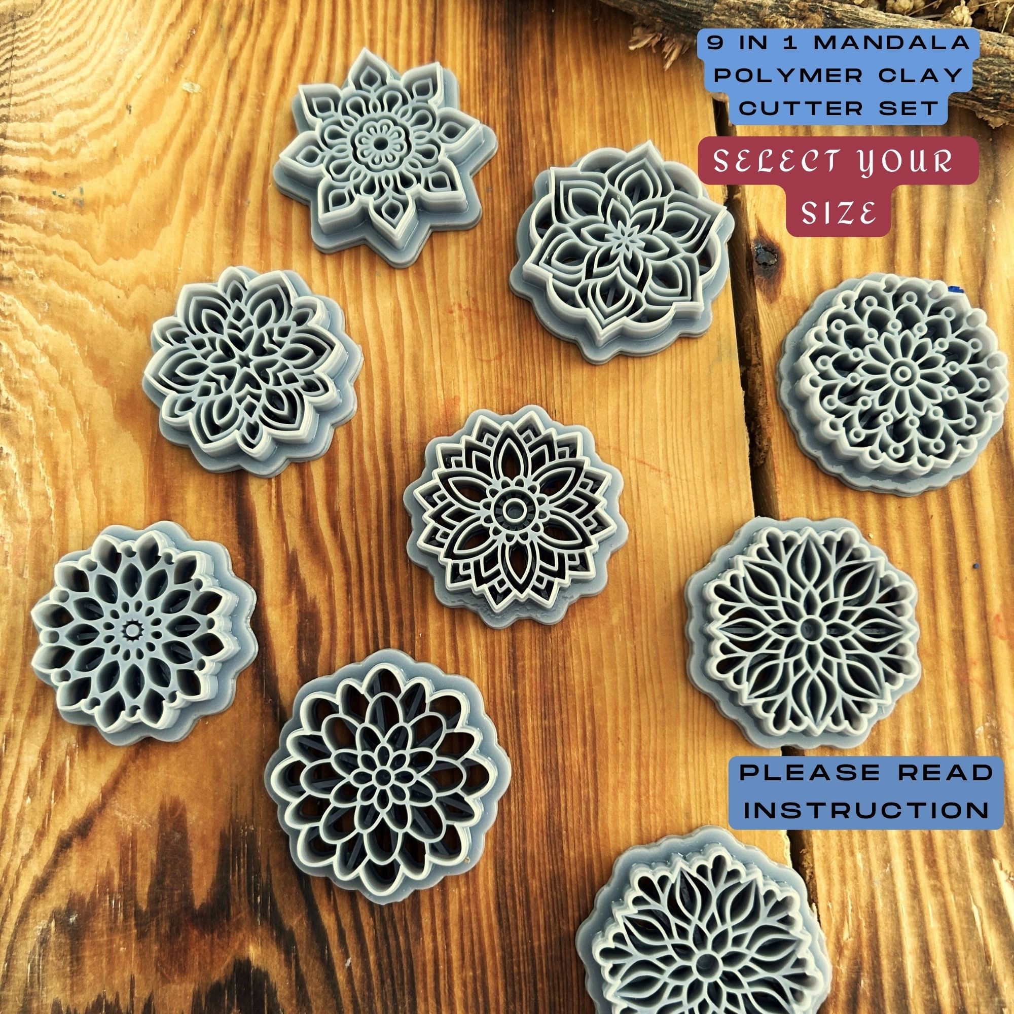 Mandala Clay Cutter Set – 9 Polymer Clay Cutters – Boho Mandala Pattern – 35mm to 50mm Sizes – 3D Printed Tools for Earrings & DIY Crafts