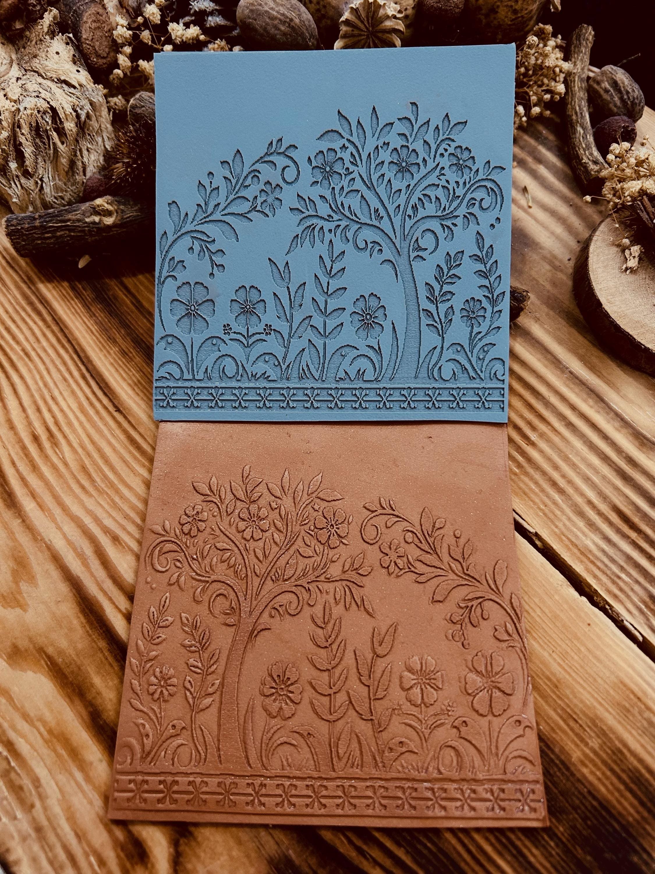 Flowers and Tree Acrylic Texture Mat – 10x10cm Polymer Clay Texture Sheet | Botanical Pattern Stamp for Earrings, Mugs, Crafts | Fimo Sculpey Cernit Compatible
