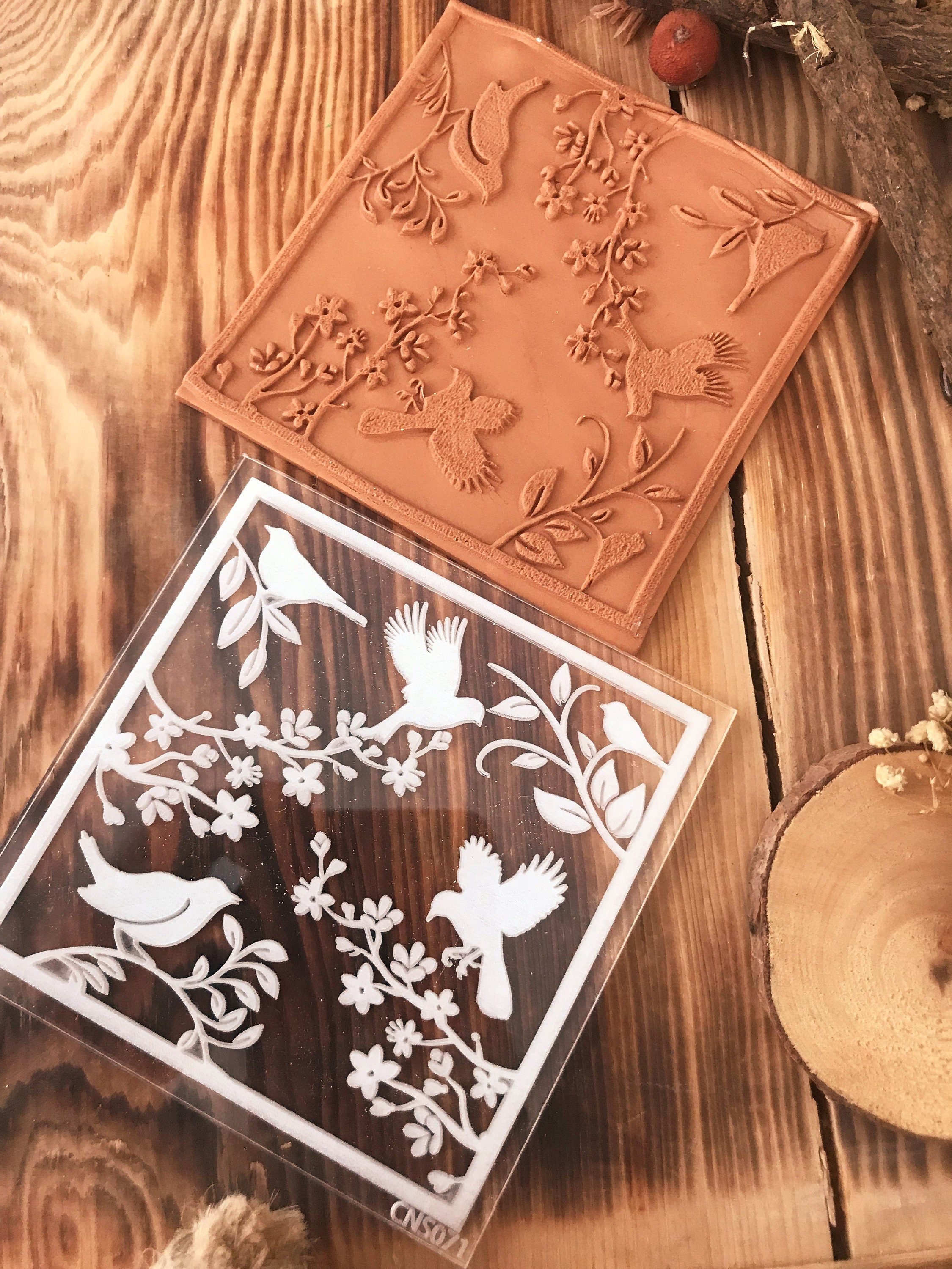 Bird Floral Rubber And Acrylic Texture Mat Stamp for Polymer Clay, Acrylic Clay Tool, Ceramic Pattern Supplies, Crafting Texture Sheet