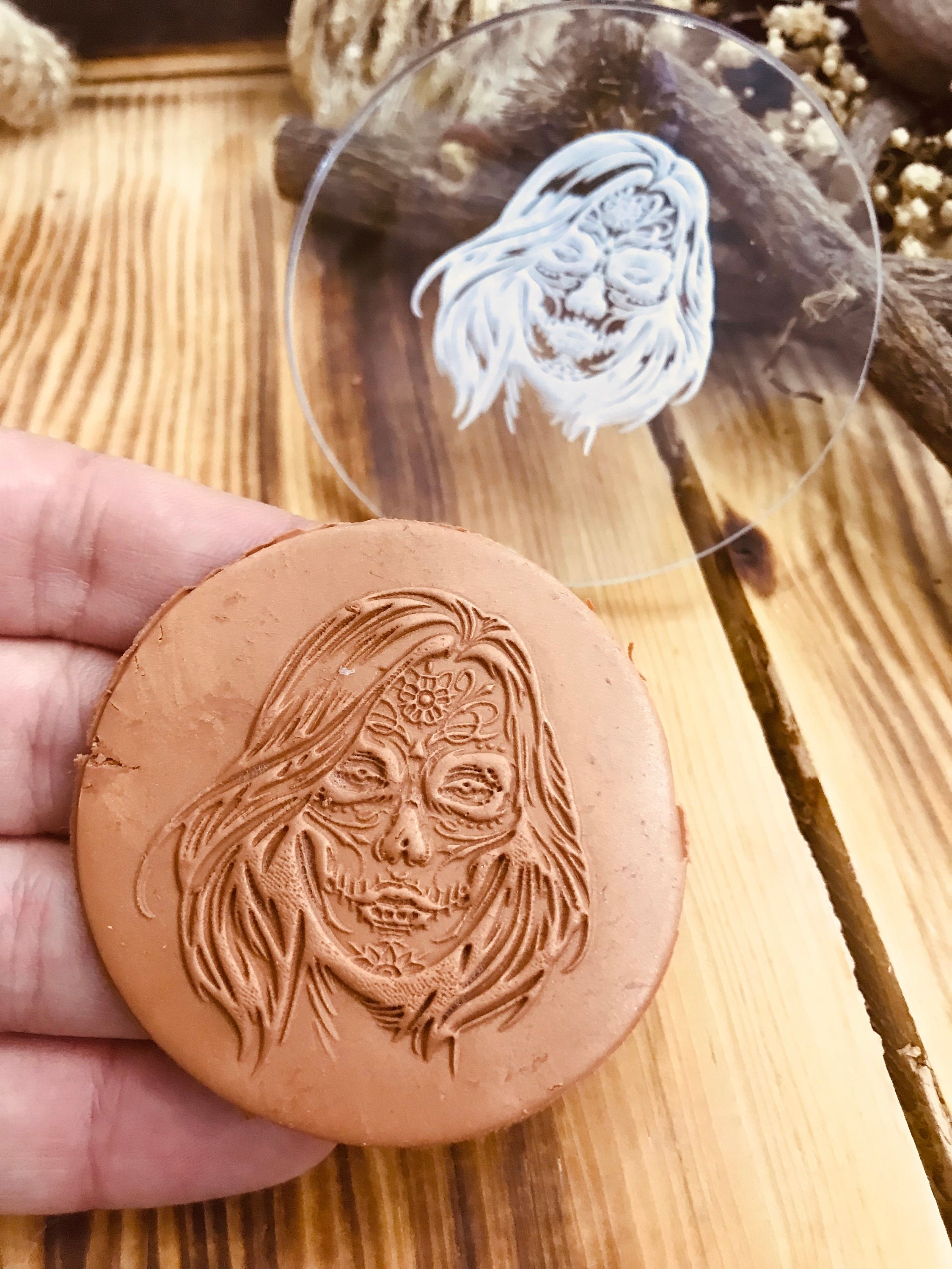 Halloween Woman Skeleton Face Pattern Texture Mat, Debossing Stamp, Acrylic clay texture tool, Texture Sheet,Ceramic Supplies, Texture Plate