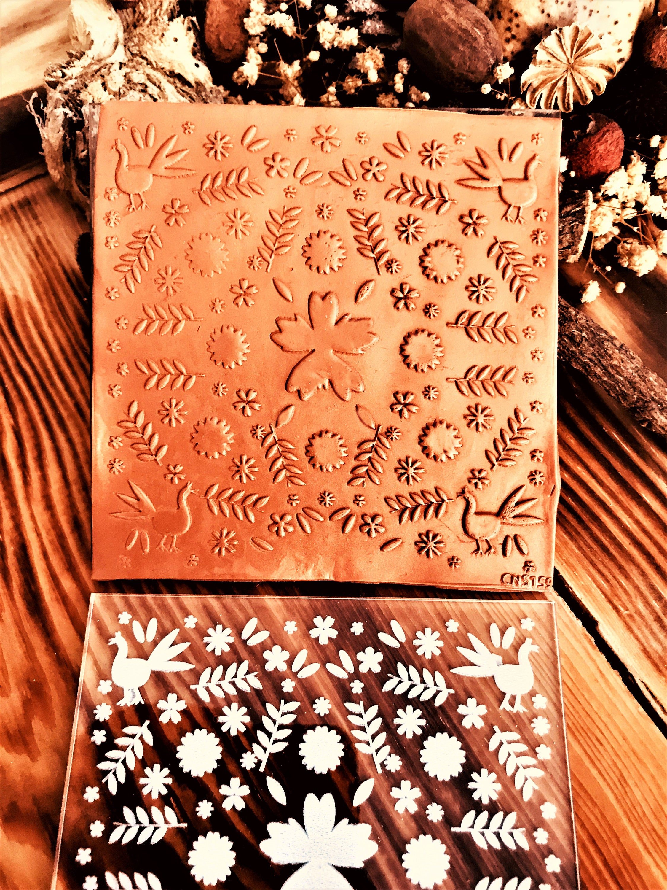 Birds and Florals Rubber or Acrylic Texture Mat – Polymer Clay Stamp, Embossing Tool, Acrylic Texture Sheet, Plaque, Tile for Fimo, Sculpey, Cernit