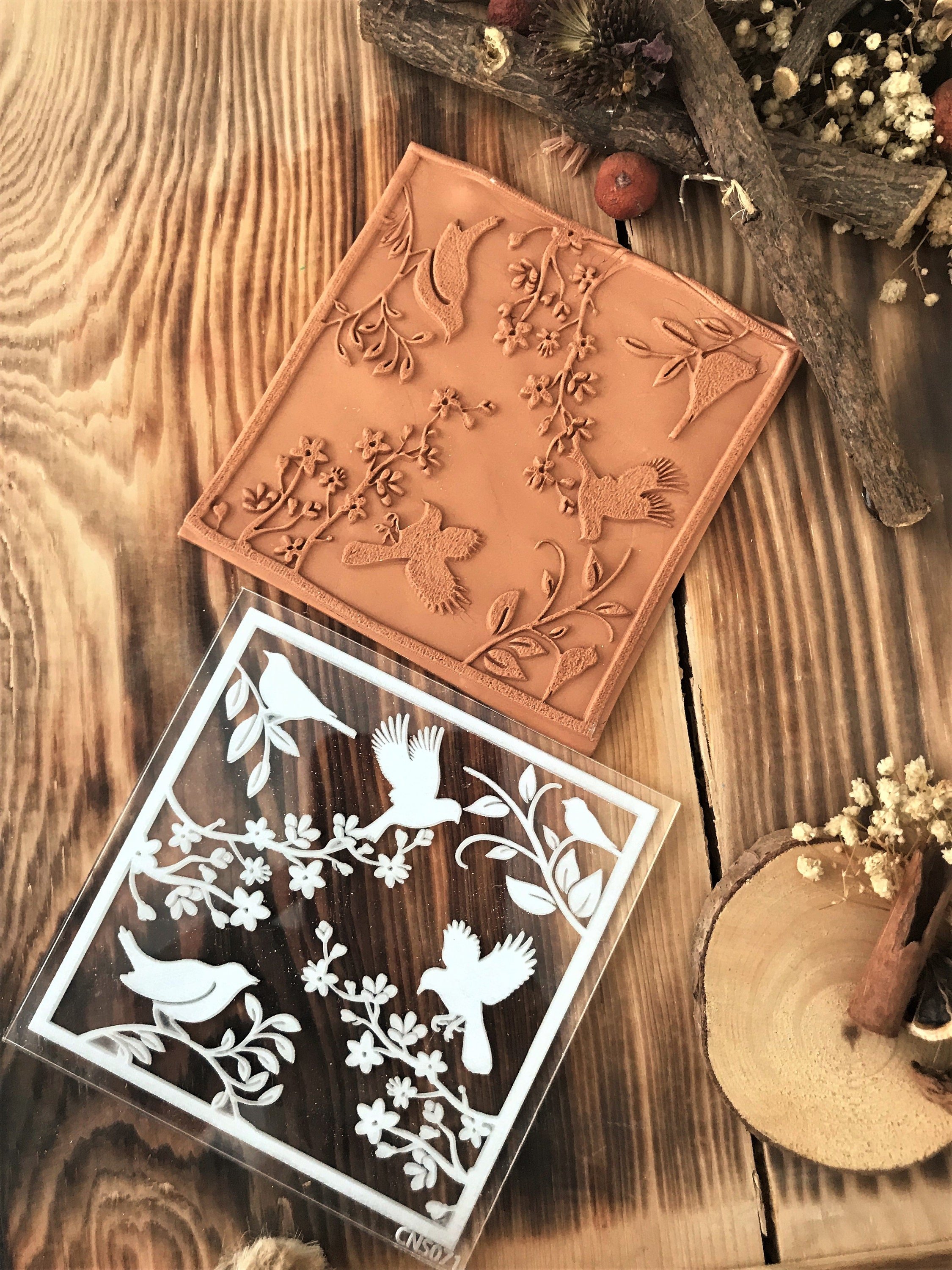 Bird Floral Rubber And Acrylic Texture Mat Stamp for Polymer Clay, Acrylic Clay Tool, Ceramic Pattern Supplies, Crafting Texture Sheet