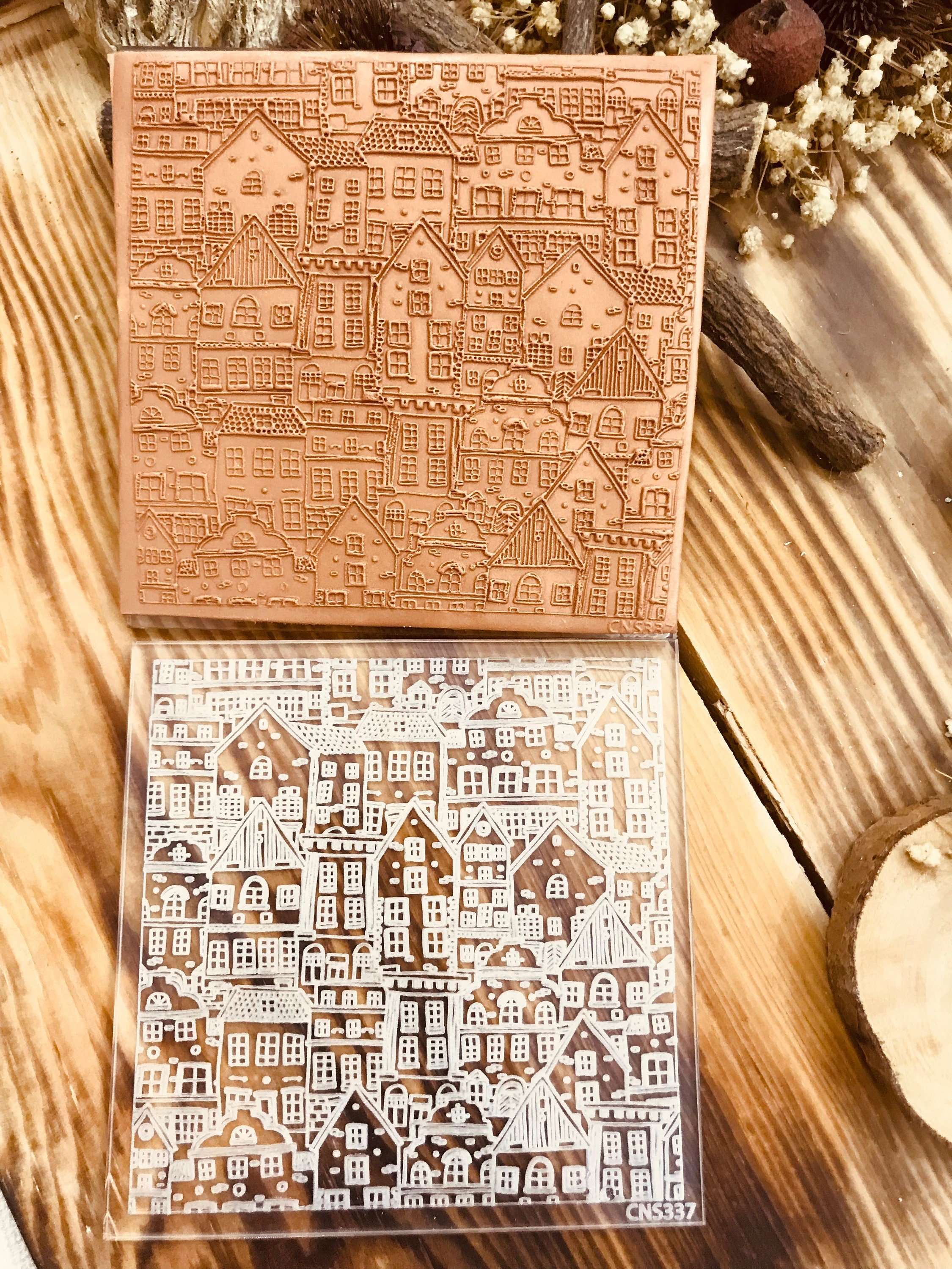 Houses Party Pattern Acrylic Texture Mat – 10x10cm | Polymer Clay Texture Sheet | Embossing Stamp for Clay, Fondant | Fimo, Sculpey, Cernit Compatible