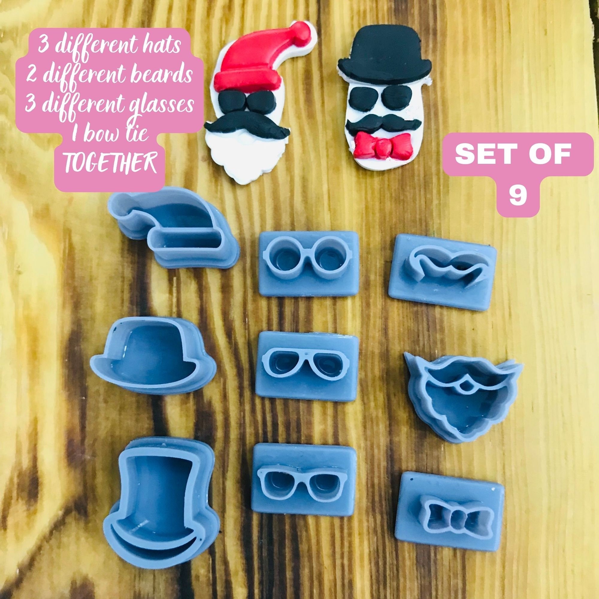 Set Of 9 Santa Claus  Polymer Clay and Cookie Cutter, Beards And Glasses Unique Model, Special Design, Winter Clay Cutters,