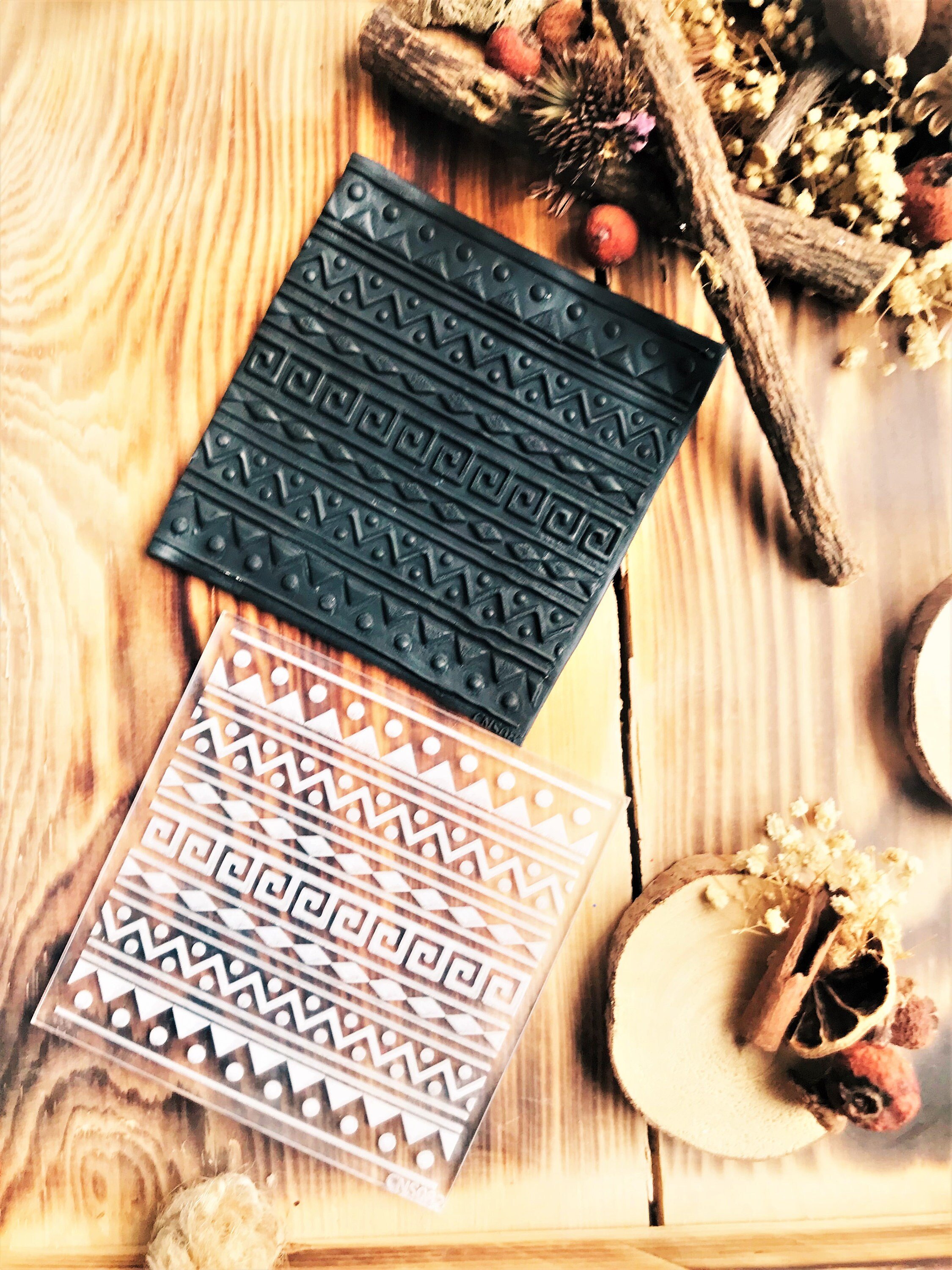 Ethnic2 Texture Mold – Traditional Pattern for Polymer Clay, Air Dry Clay And Metal Clay | 10x10 cm Rubber And Acrylic Stamp