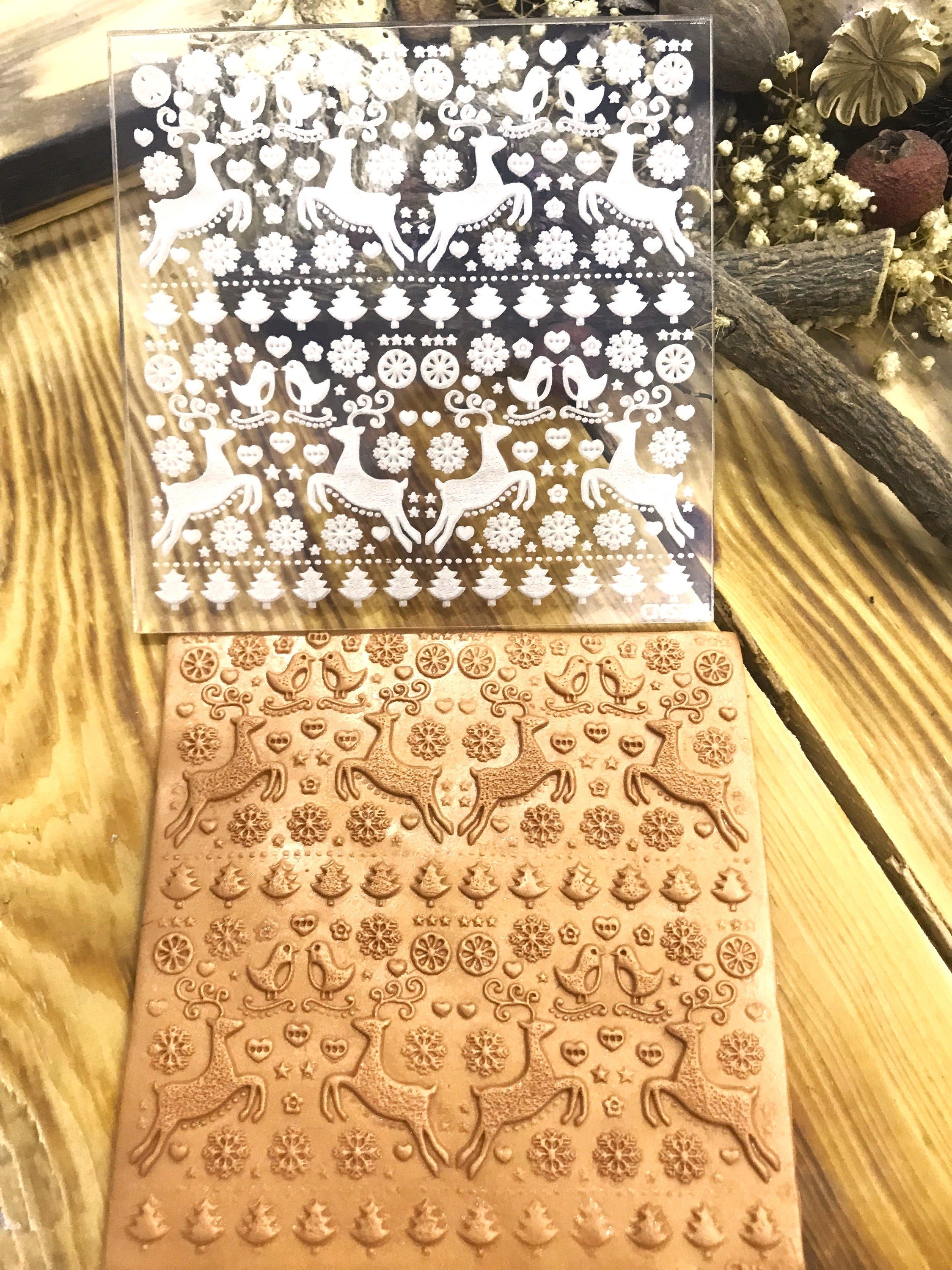Nordic Style Reindeer and Bells Texture Mat – 10x10 cm – Polymer Clay, Air Dry Clay, Metal Clay, and Soap Compatible – Acrylic or Rubber Options