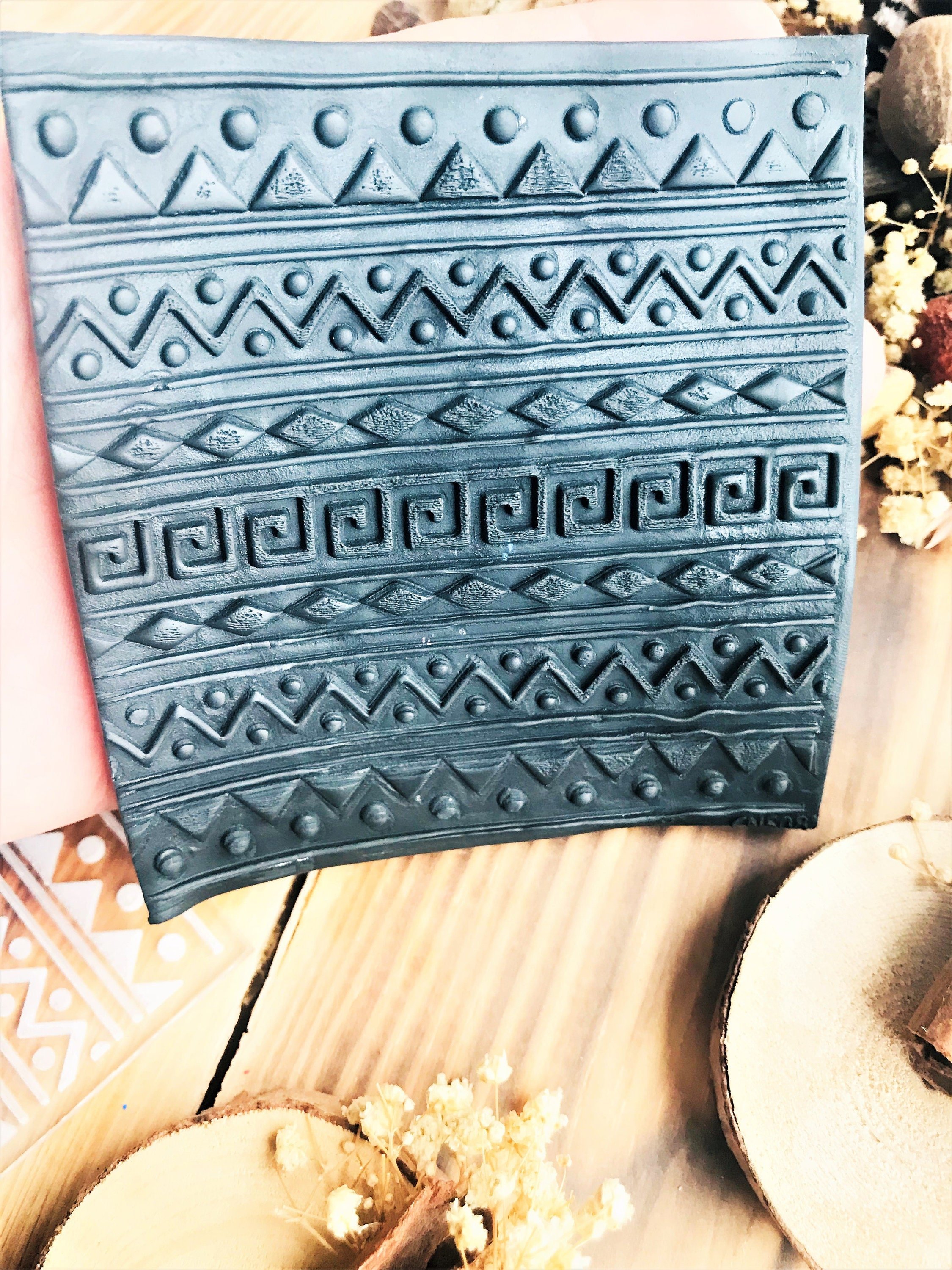 Ethnic2 Texture Mold – Traditional Pattern for Polymer Clay, Air Dry Clay And Metal Clay | 10x10 cm Rubber And Acrylic Stamp
