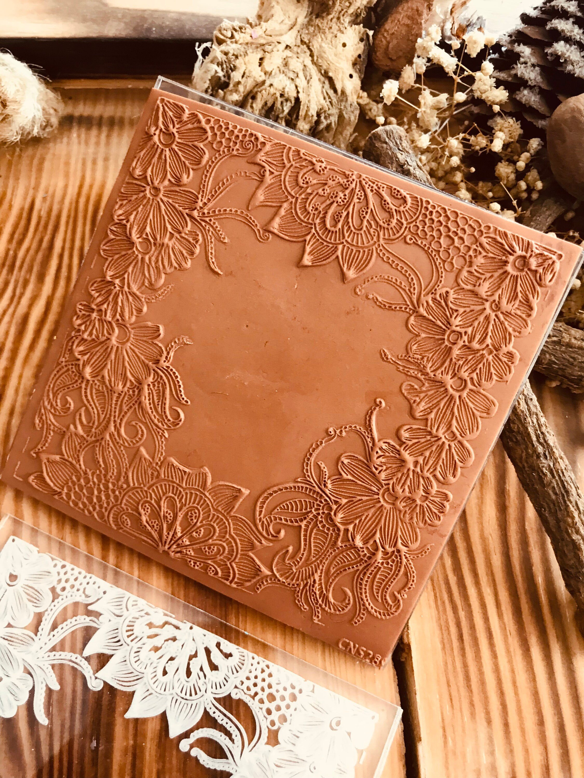 Floral Lace Texture Mat – Acrylic or Rubber Embossing Sheet for Polymer Clay, Fondant & Crafts | 10x10 cm Lace Pattern Stamp with Bonus Cutter