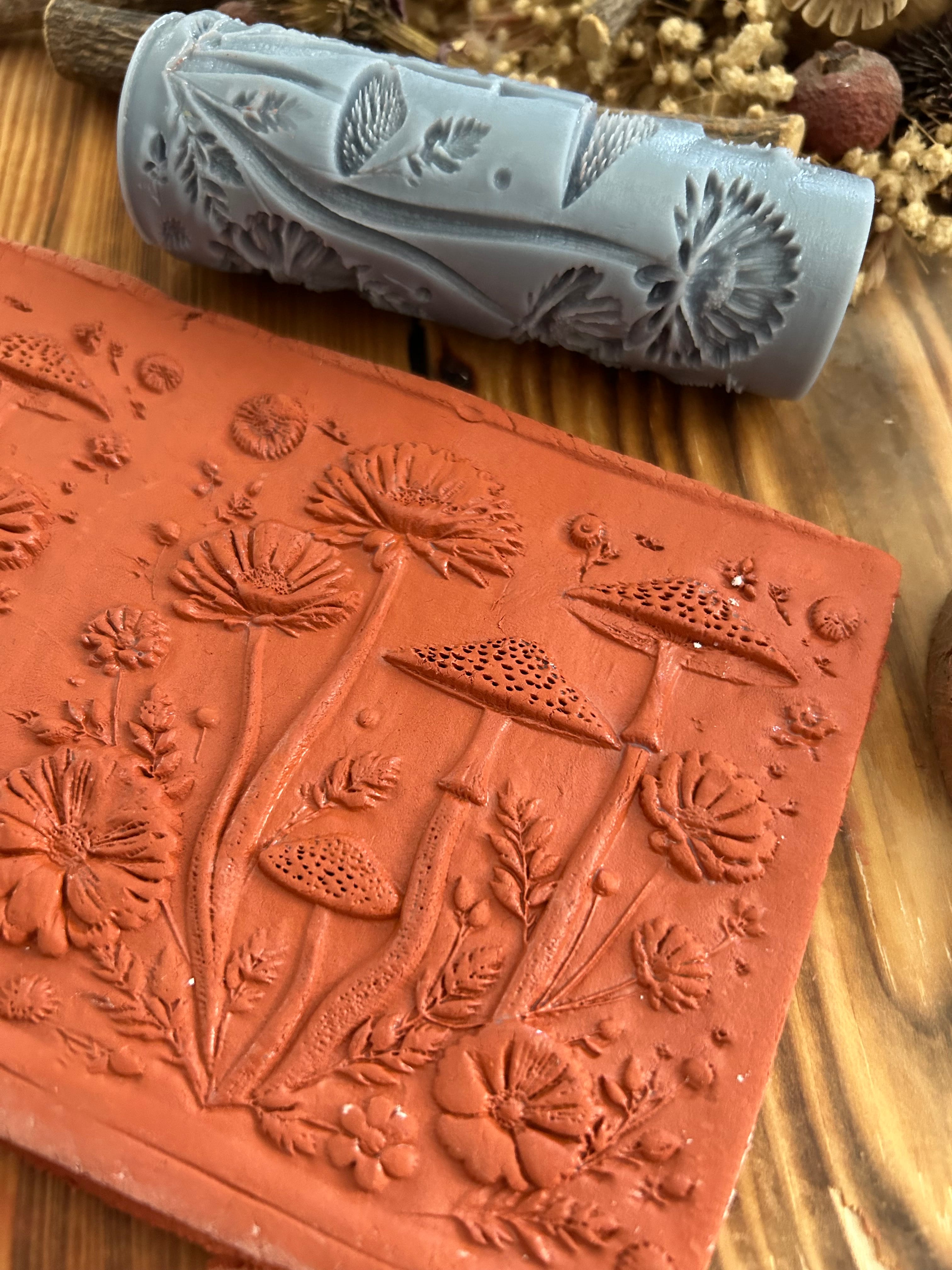 Mushroom & Wildflower Texture Roller: Polymer Clay Embossing Tool