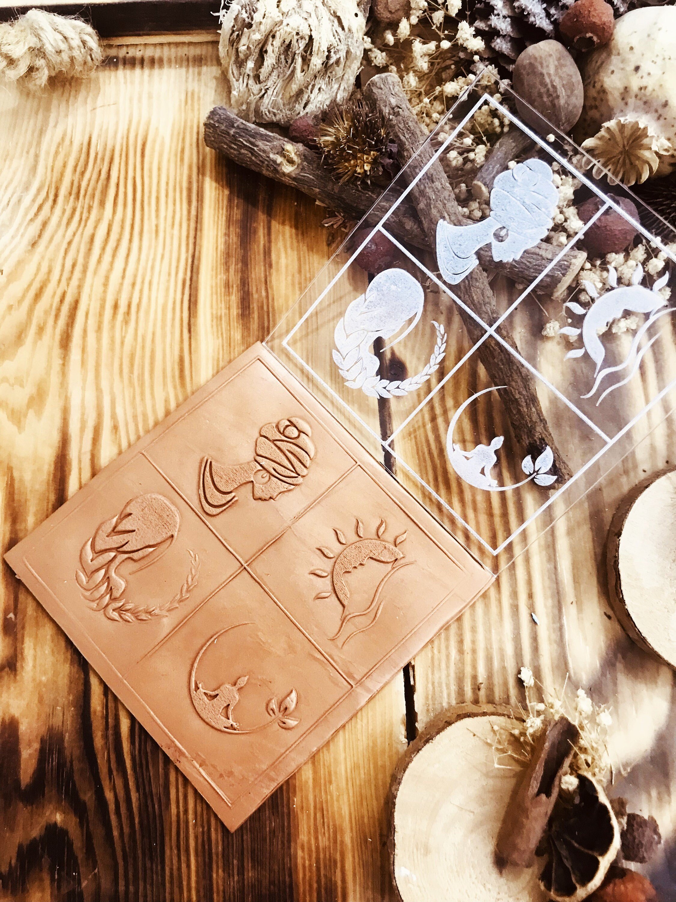Women Symbol Texture Stamp – 4 Feminine World Symbols Mold for Polymer Clay, Air Dry Clay & Metal Clay | 10x10 cm Rubber or Acrylic