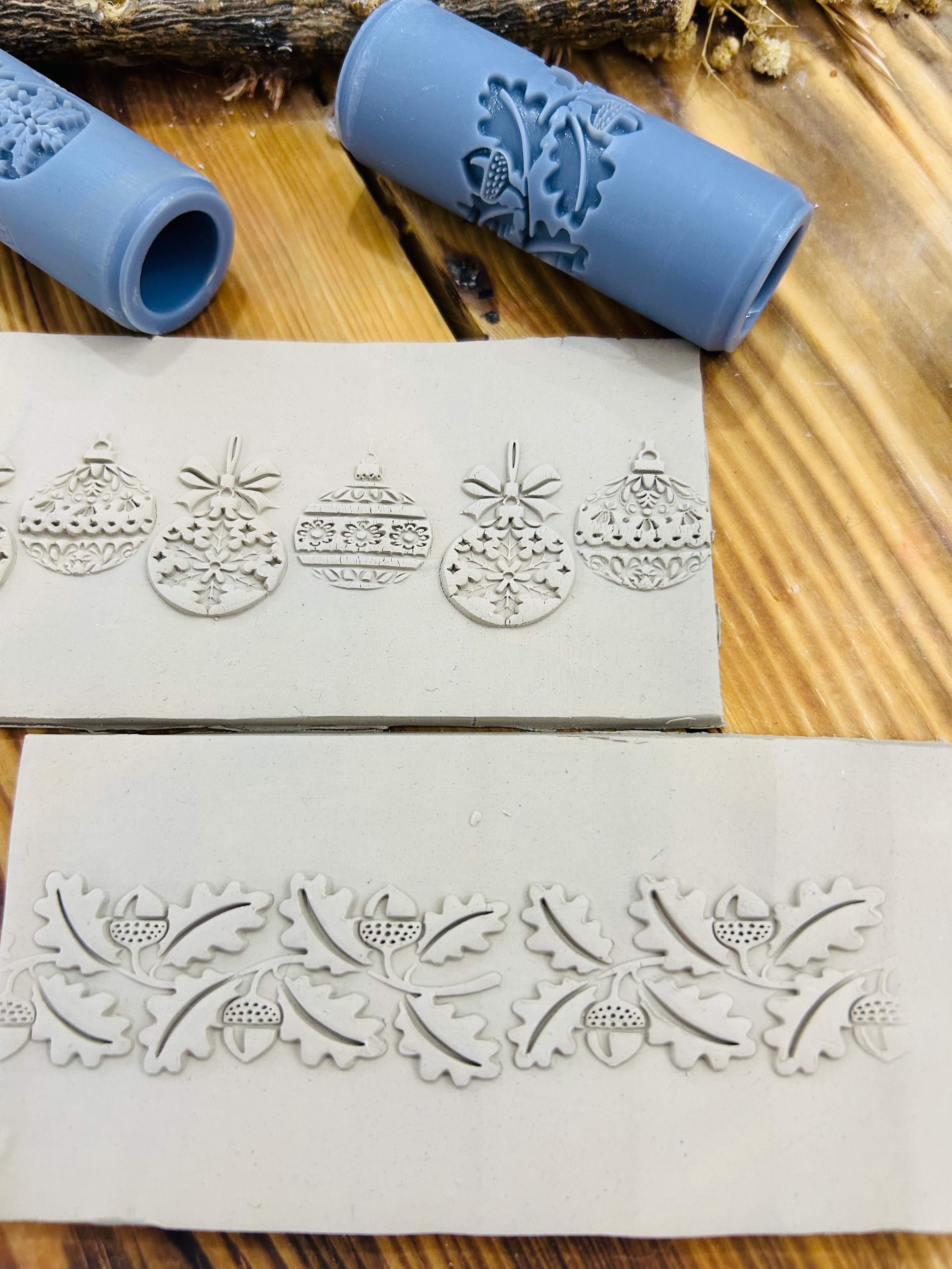 Set of 2 Christmas Rollers – Ornaments & Acorn Border | 7 cm (2.76”) Embossing Rollers for Polymer Clay, Air Dry Clay, Soap & Crafts