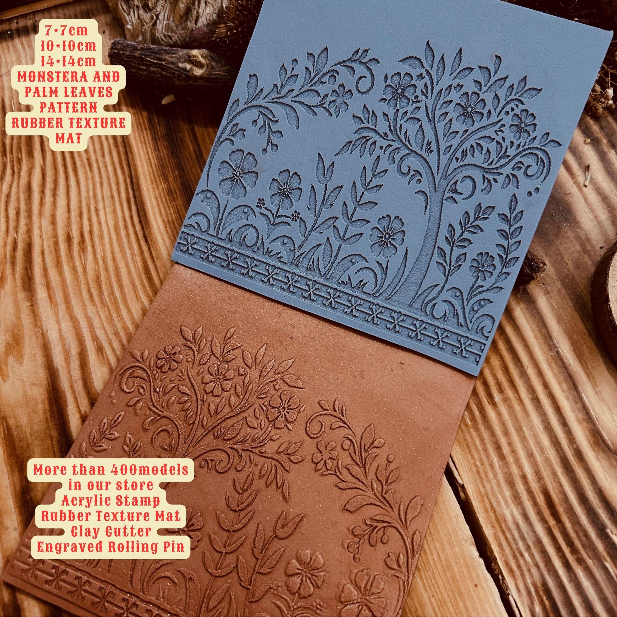 Flowers and Tree Acrylic Texture Mat – 10x10cm Polymer Clay Texture Sheet | Botanical Pattern Stamp for Earrings, Mugs, Crafts | Fimo Sculpey Cernit Compatible