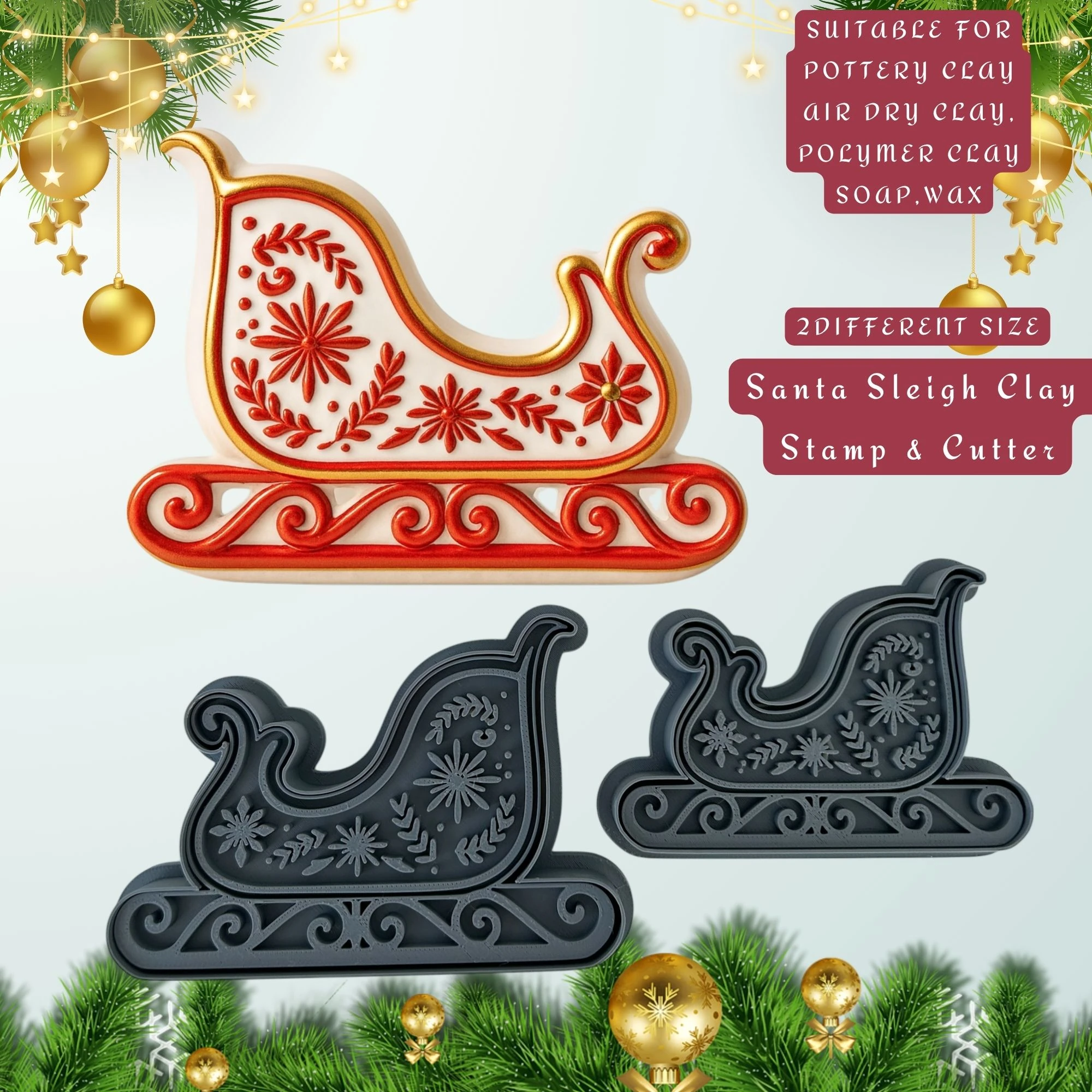 Santa Sleigh Clay Stamp & Cutter | 2 Different Size Available | Pottery ,Air Dry , Polymer Clay