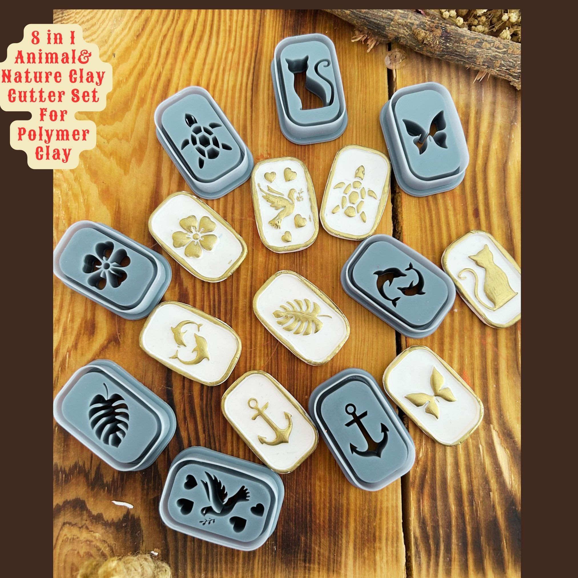 Animal And Nature Clay Cutter Set for Polymer Clay 8pc Resin Cutters with Cat,Anchor, Dove, Butterfly, Turtle, Dolphin, Leaf, Cherry Blossom