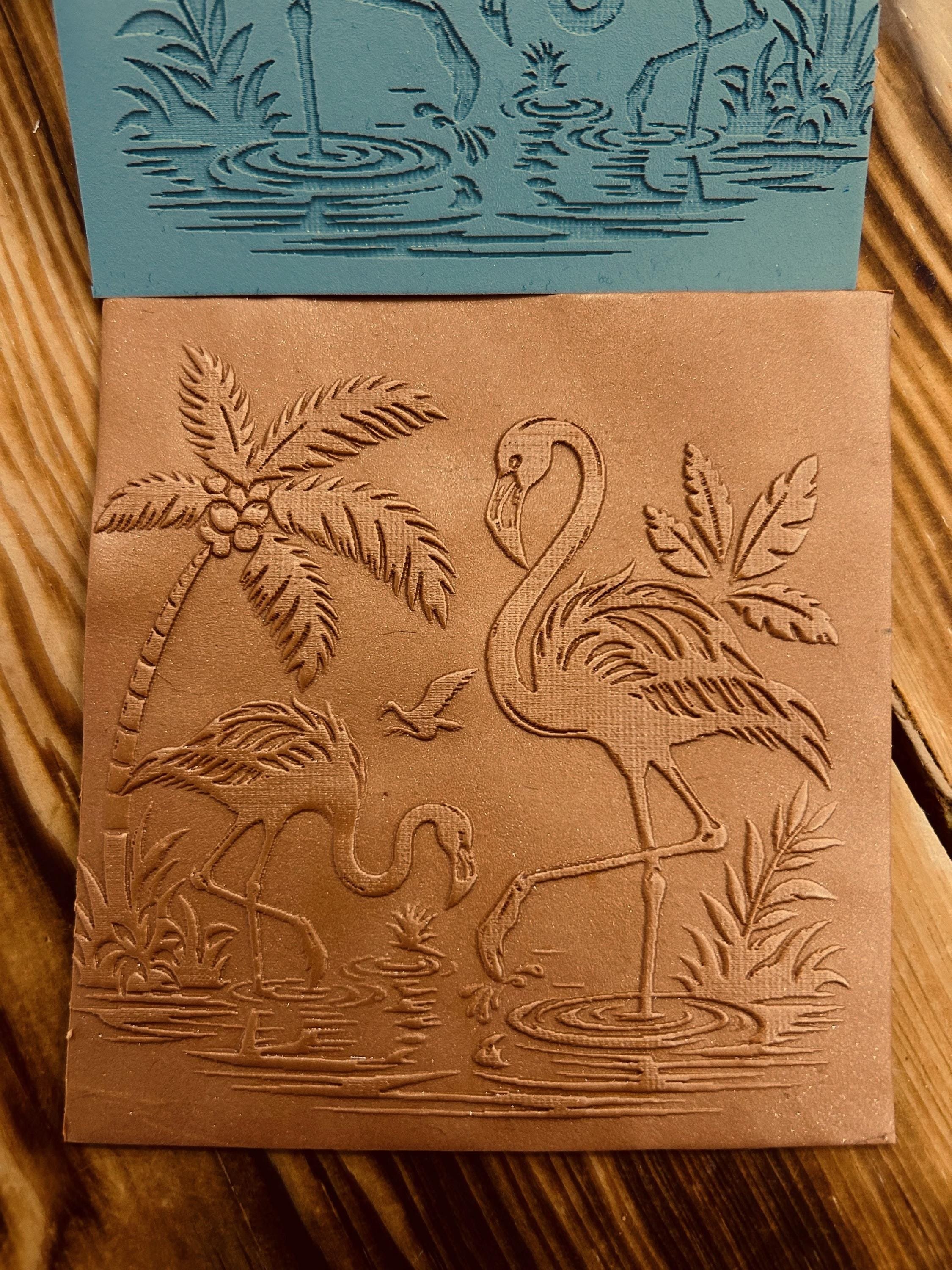 Flamingo and Palm Trees Texture Mat – Tropical Rubber Stamp for Polymer Clay , Air Dry Clay & Fondant | 7x7, 10x10, 14x14 cm