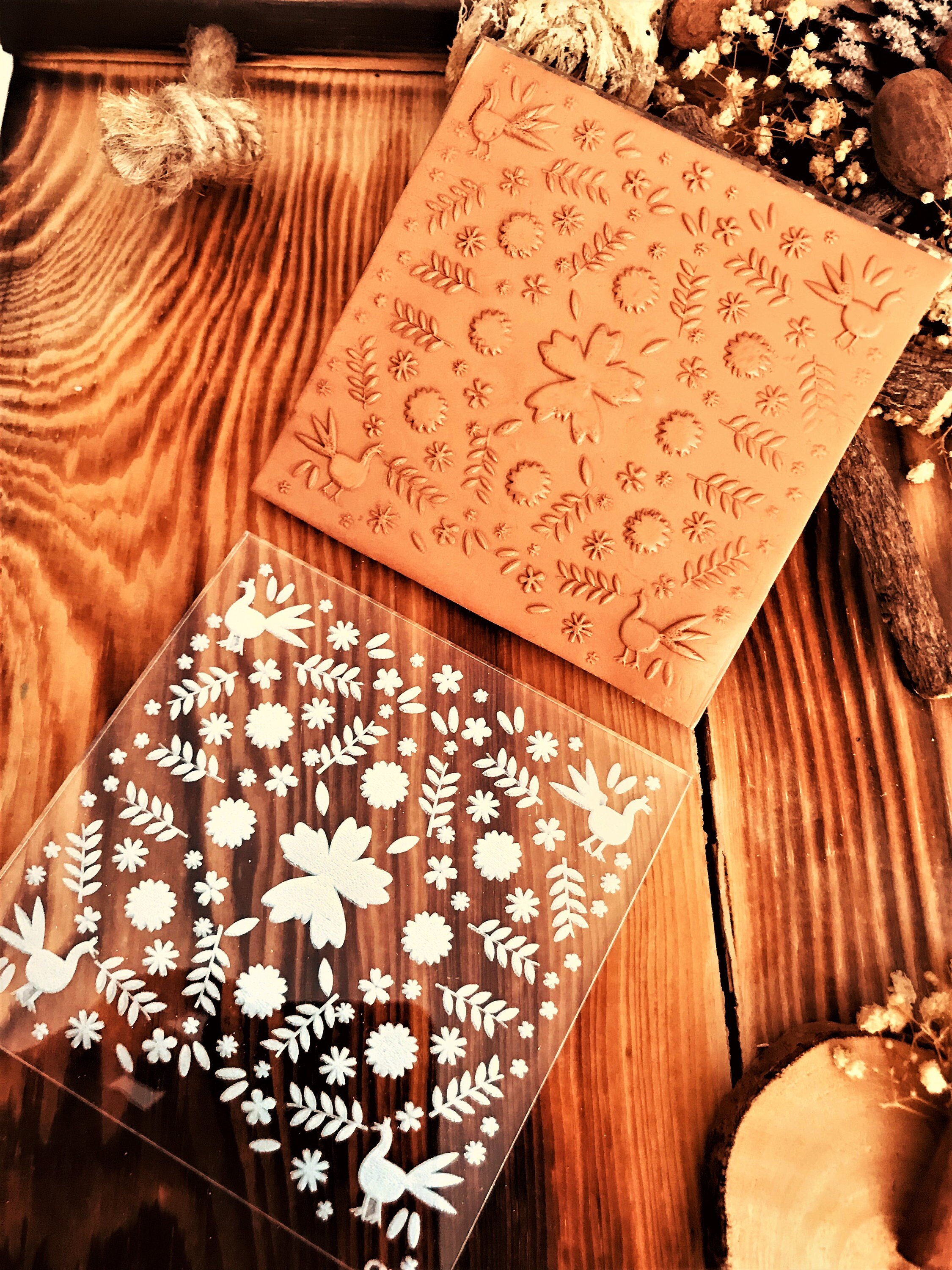 Birds and Florals Rubber or Acrylic Texture Mat – Polymer Clay Stamp, Embossing Tool, Acrylic Texture Sheet, Plaque, Tile for Fimo, Sculpey, Cernit