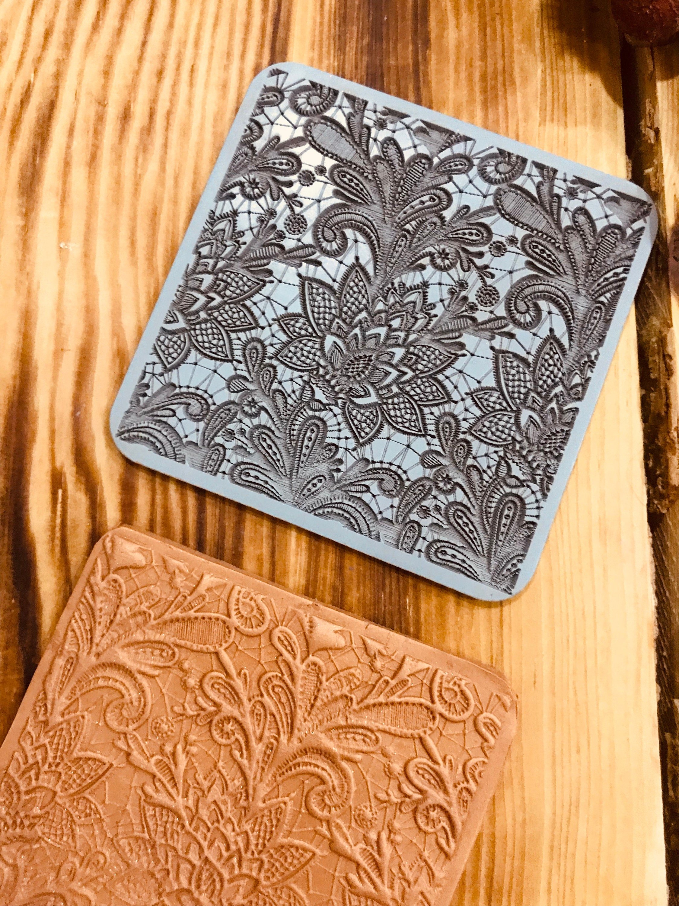 Lace Texture Mat 70x70mm – Delicate Rubber Stamp for Polymer Clay & Air Dry Clay – Small Pattern for Jewelry & Earring Making