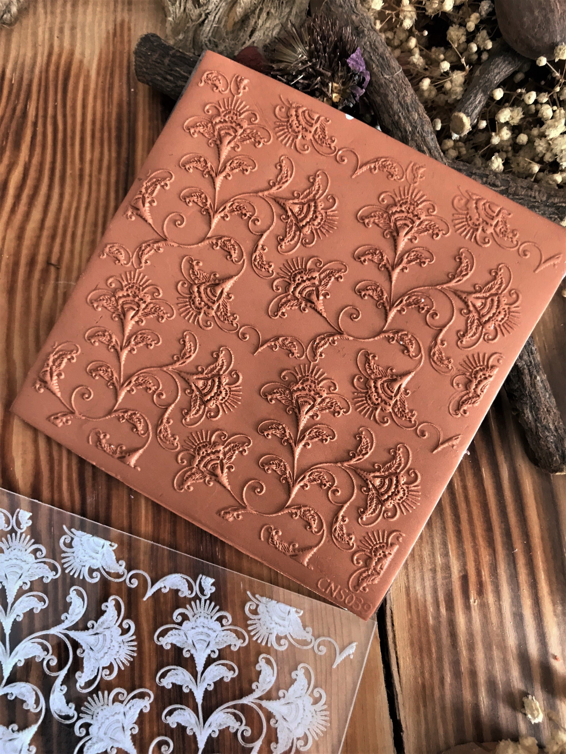Branches And Florals2 Texture Mat - Rubber or Acrylic Texture Sheet for Polymer Clay, Ceramic, & Acrylic Impression Tool, Texture Plate for Crafting