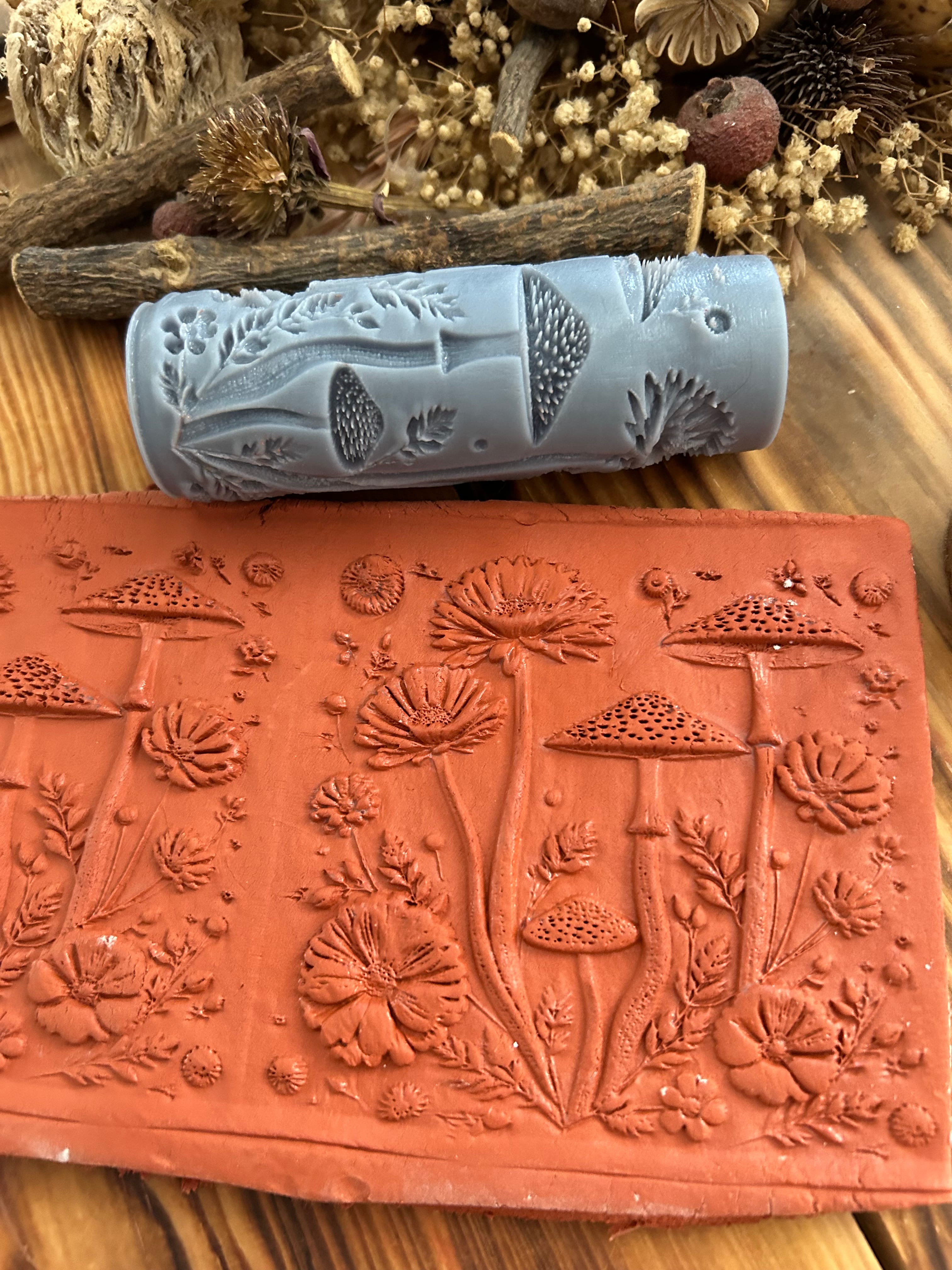 Mushroom & Wildflower Texture Roller: Polymer Clay Embossing Tool