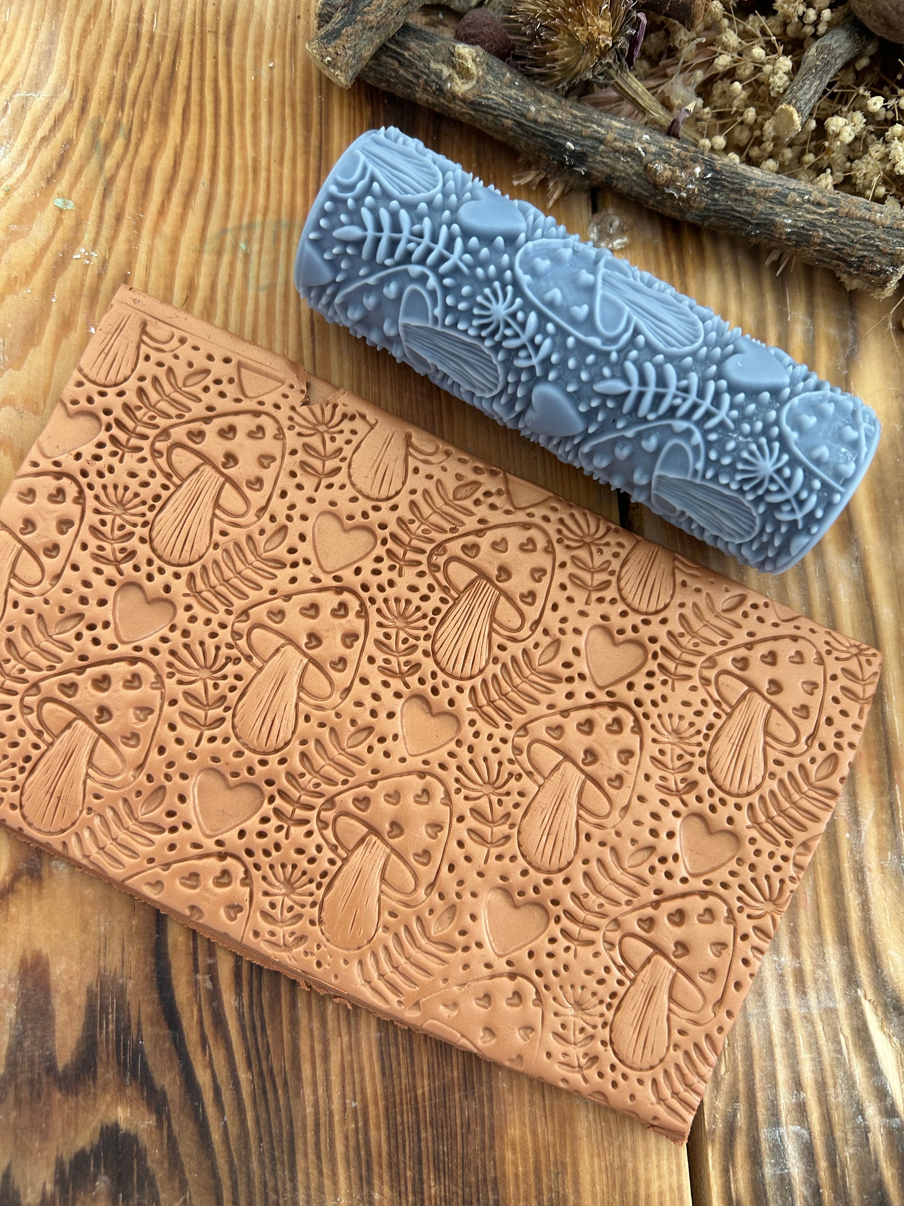 Mushroom Heart Pattern Texture Roller – 10cm Embossing Roller for Polymer Clay, Air Dry Clay, Soap, Metal Clay & DIY Crafts