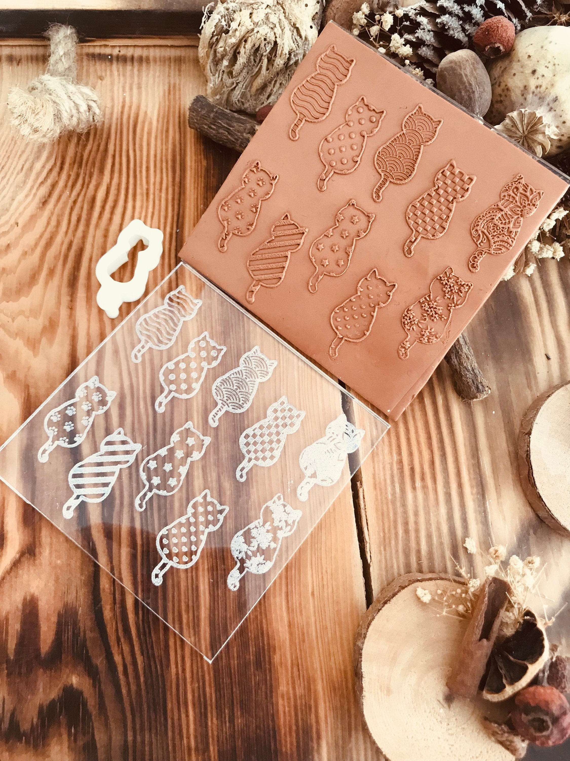 Cat Texture Mold Set – Includes 8 Unique Cat Patterns + Bonus Cat Cutter | Perfect for Polymer Clay, Air Dry Clay & Metal Clay | 10x10 cm