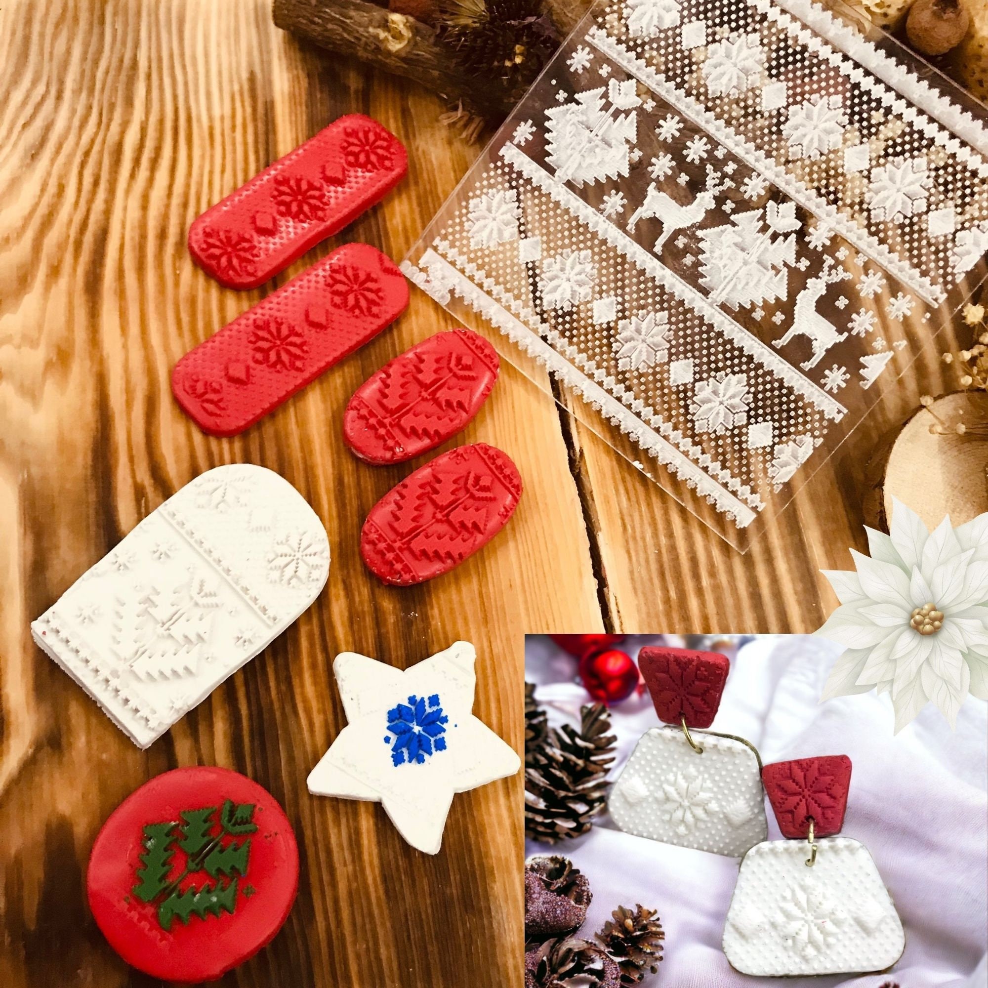 Christmas Deer Pattern Rubber or Acrylic Texture Mat – Polymer Clay Stamp, Embossing Tool, Acrylic Texture Sheet, Plaque, Tile for Fimo, Sculpey, Cernit