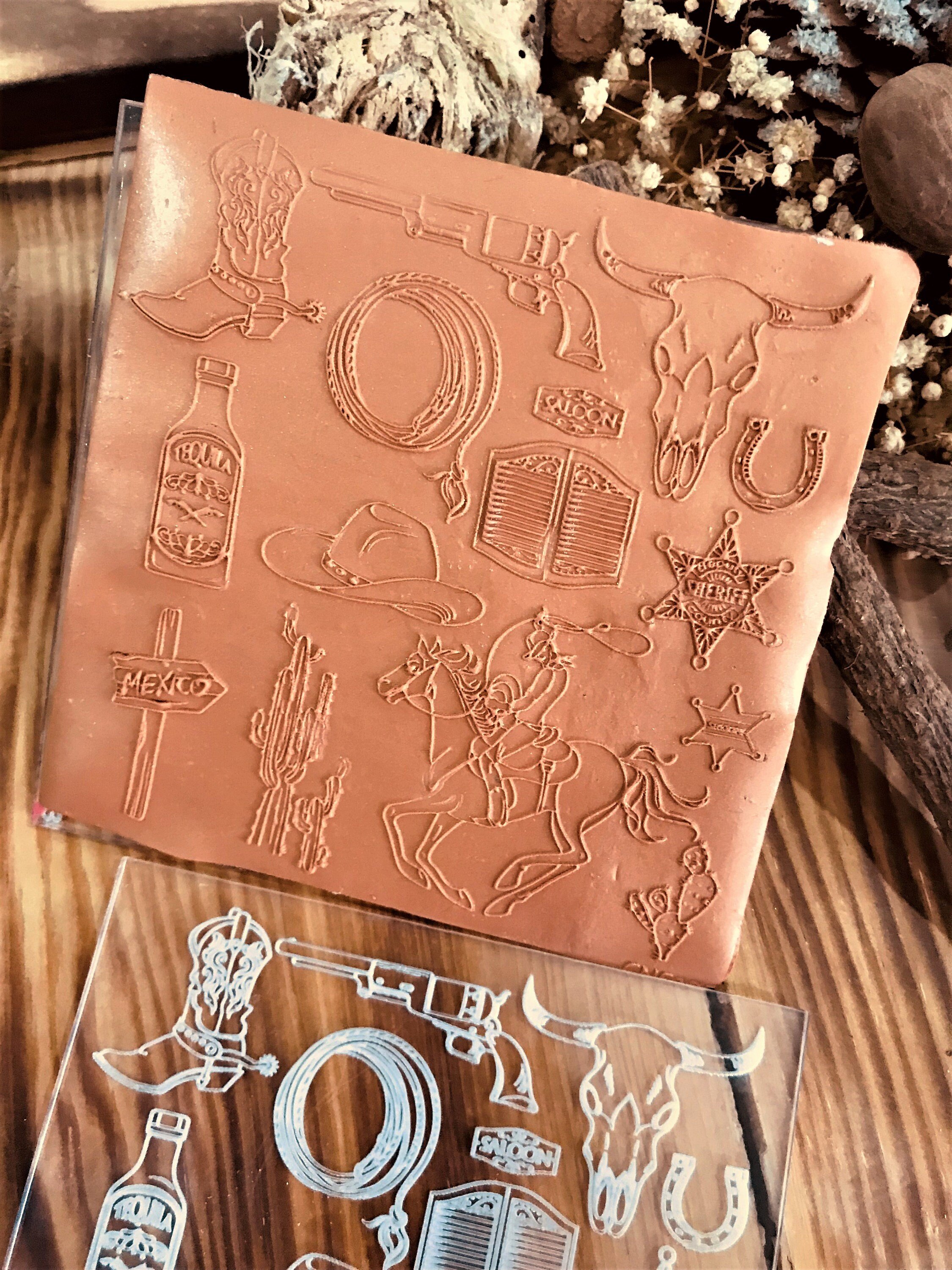 Cowboy Western Symbols Texture Sheet – Acrylic or Rubber Stamp | 10x10 cm | For Polymer Clay, Metal Clay, Air Dry Clay | Western Theme Pattern