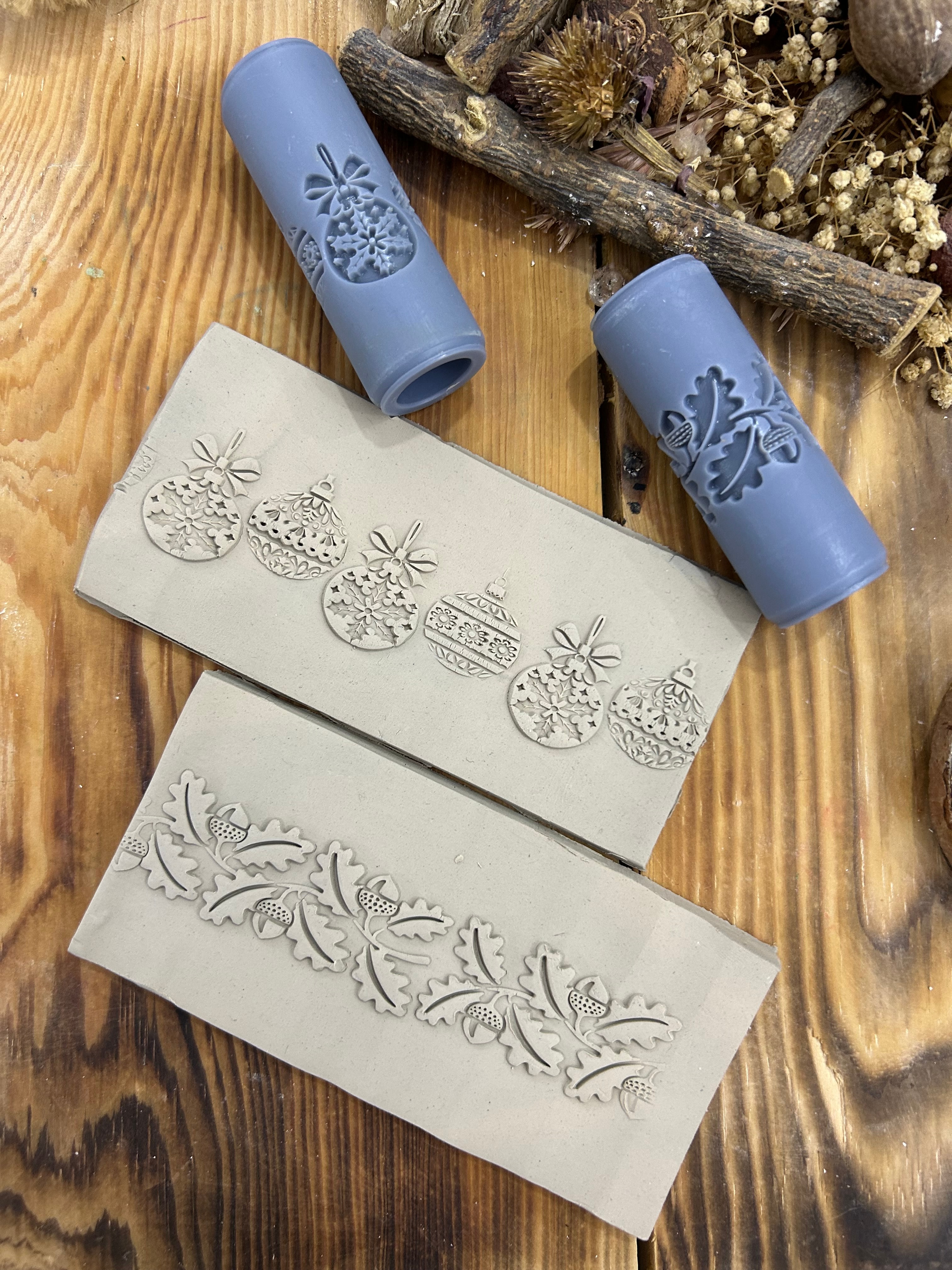 Set of 2 Christmas Rollers – Ornaments & Acorn Border | 7 cm (2.76”) Embossing Rollers for Polymer Clay, Air Dry Clay, Soap & Crafts