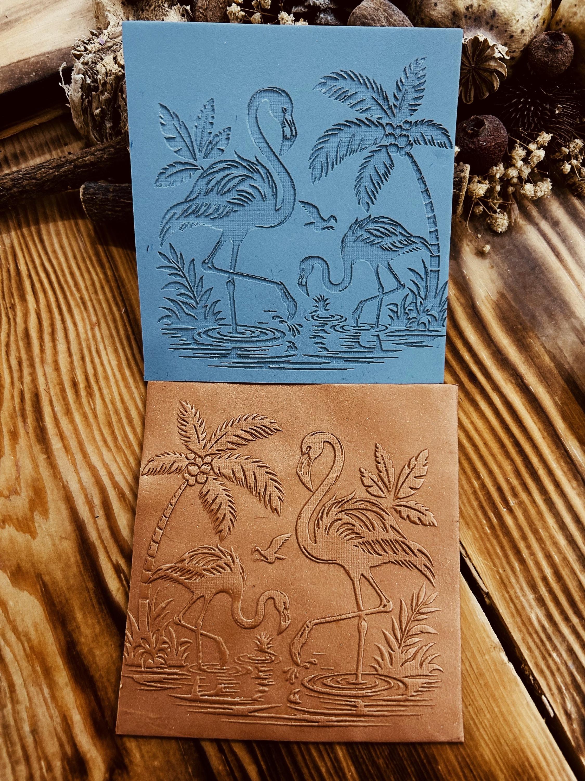 Flamingo and Palm Trees Texture Mat – Tropical Rubber Stamp for Polymer Clay , Air Dry Clay & Fondant | 7x7, 10x10, 14x14 cm