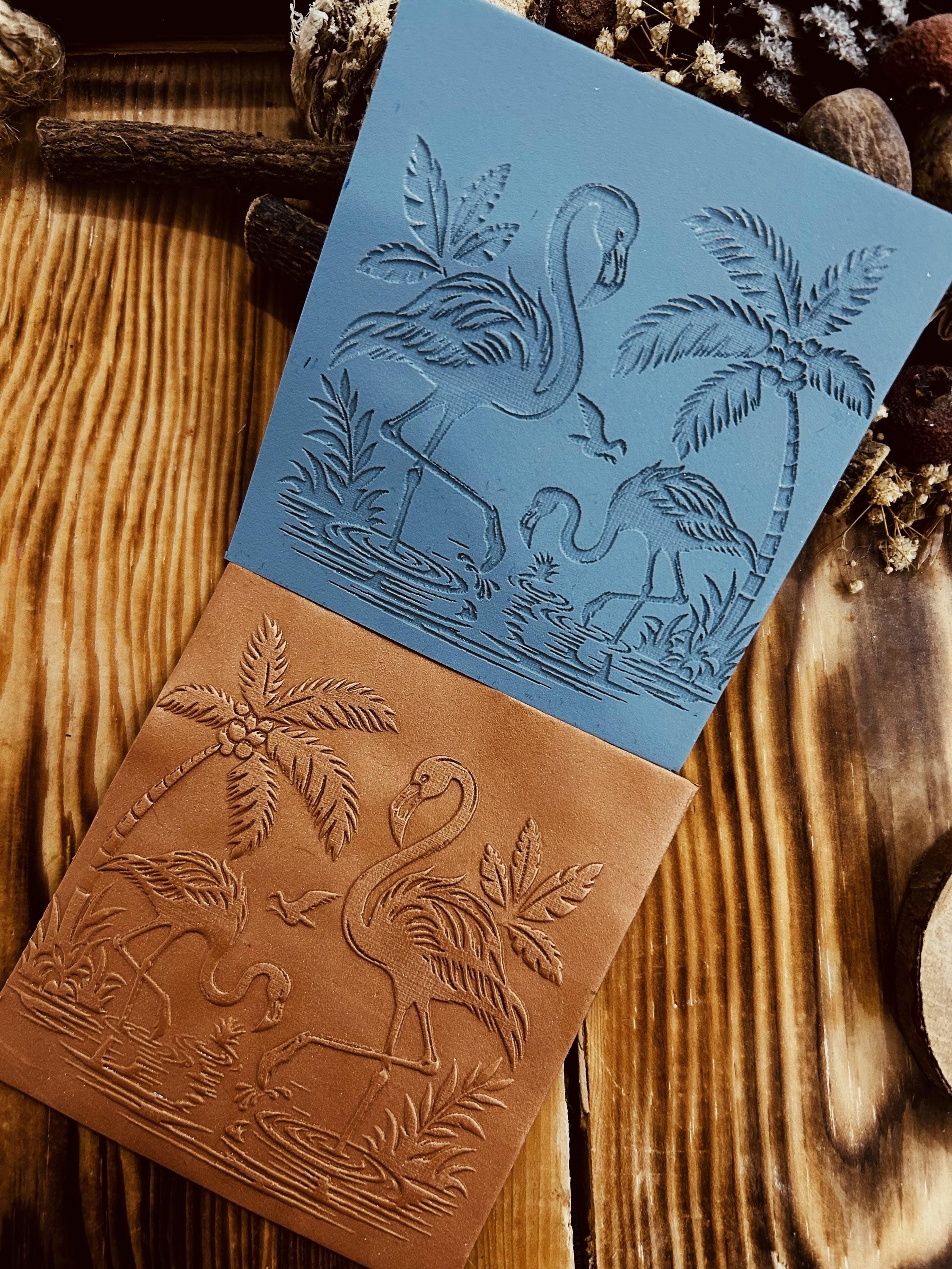 Flamingo and Palm Trees Texture Mat – Tropical Rubber Stamp for Polymer Clay , Air Dry Clay & Fondant | 7x7, 10x10, 14x14 cm