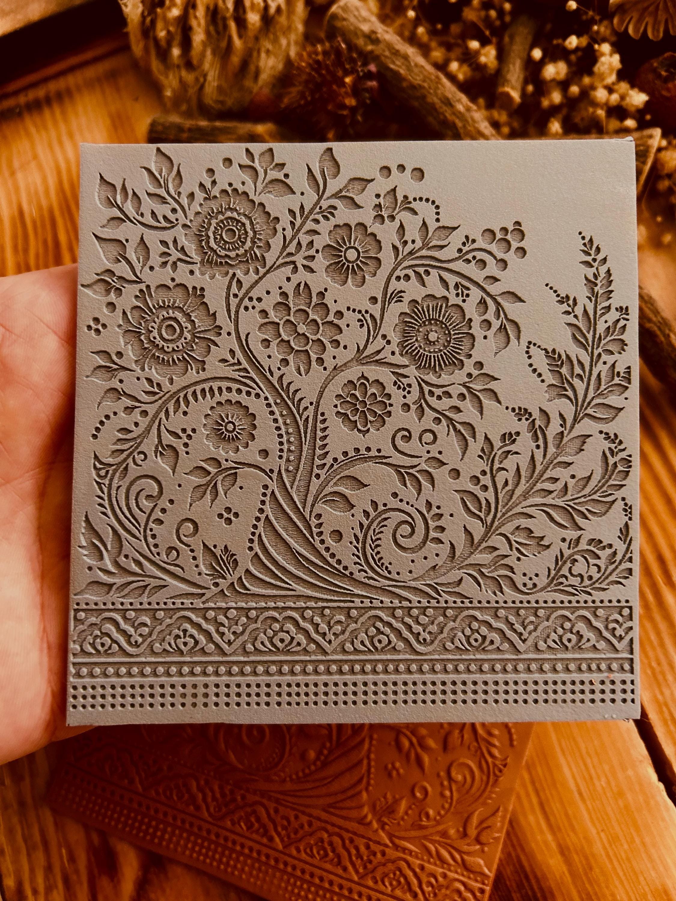 Flowers and Tree Acrylic Texture Mat – 10x10cm Polymer Clay Texture Sheet | Nature Pattern Plaque | Earring Making Tool | Fimo, Cernit, Sculpey Compatible