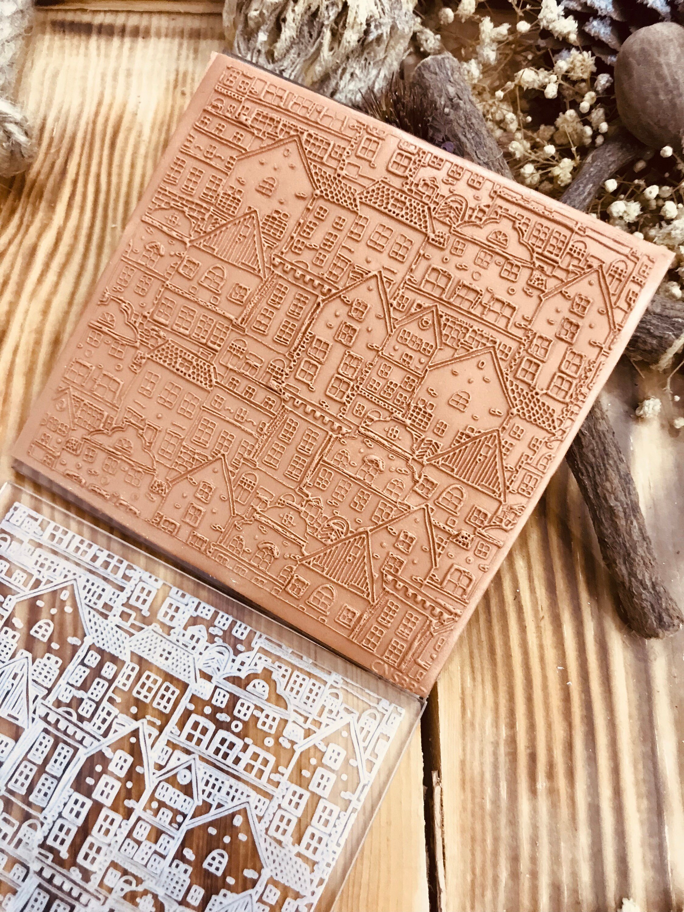 Houses Party Pattern Acrylic Texture Mat – 10x10cm | Polymer Clay Texture Sheet | Embossing Stamp for Clay, Fondant | Fimo, Sculpey, Cernit Compatible