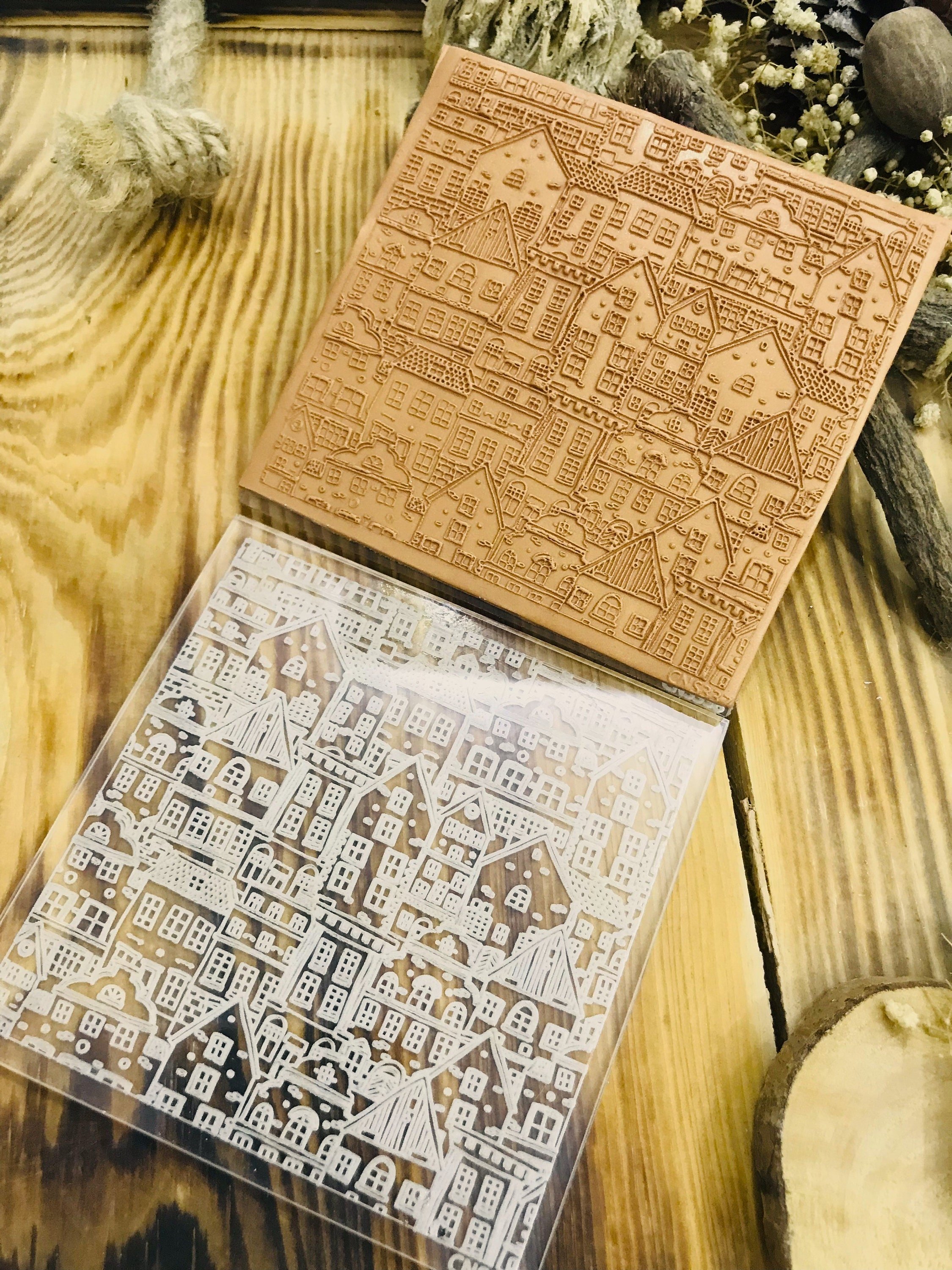 Houses Party Pattern Acrylic Texture Mat – 10x10cm | Polymer Clay Texture Sheet | Embossing Stamp for Clay, Fondant | Fimo, Sculpey, Cernit Compatible