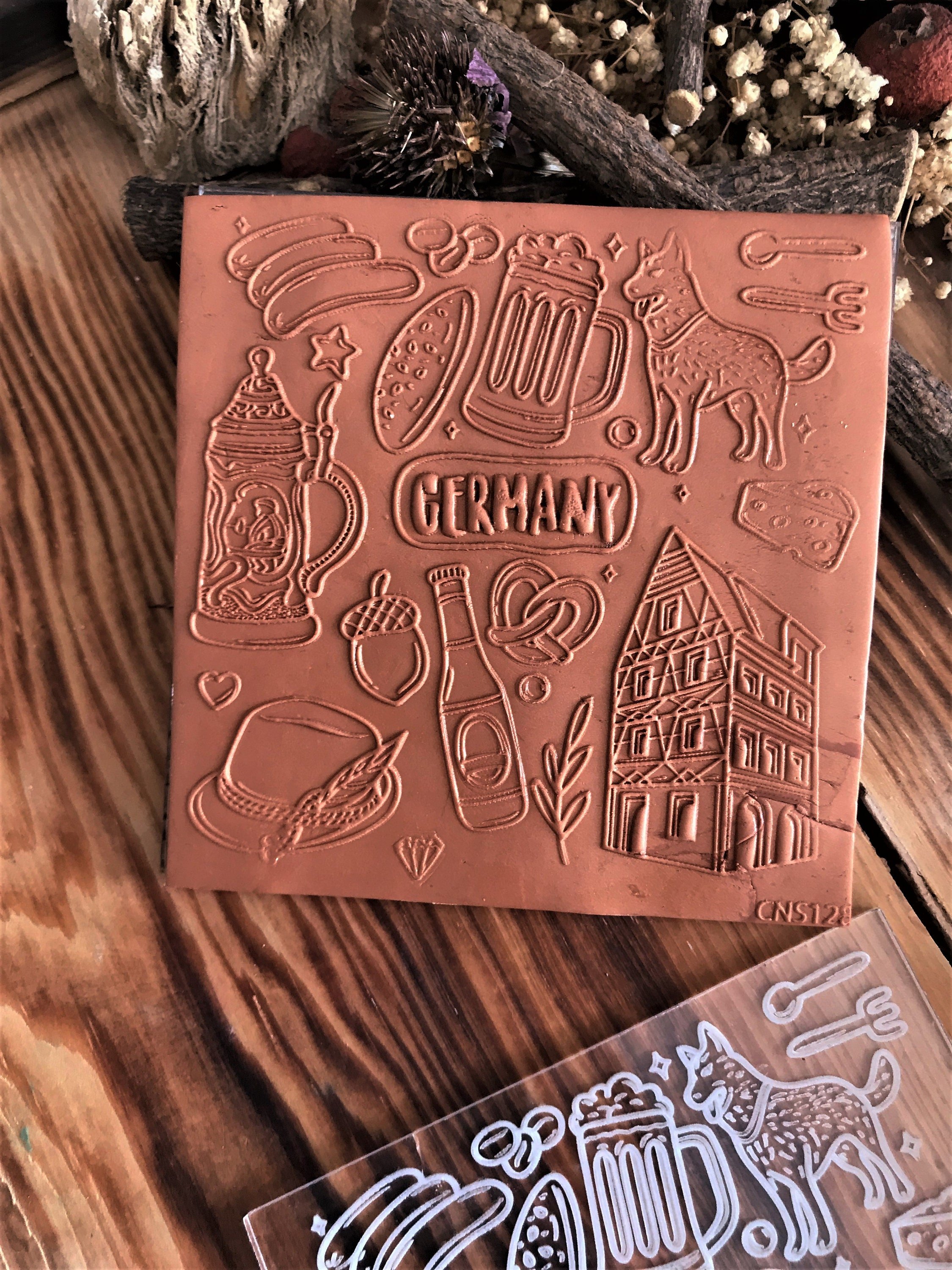 German Symbols Texture Mat – 10×10 cm Acrylic & Rubber Embossing Stamp for Polymer Clay, Ceramic, and Cake Decorating