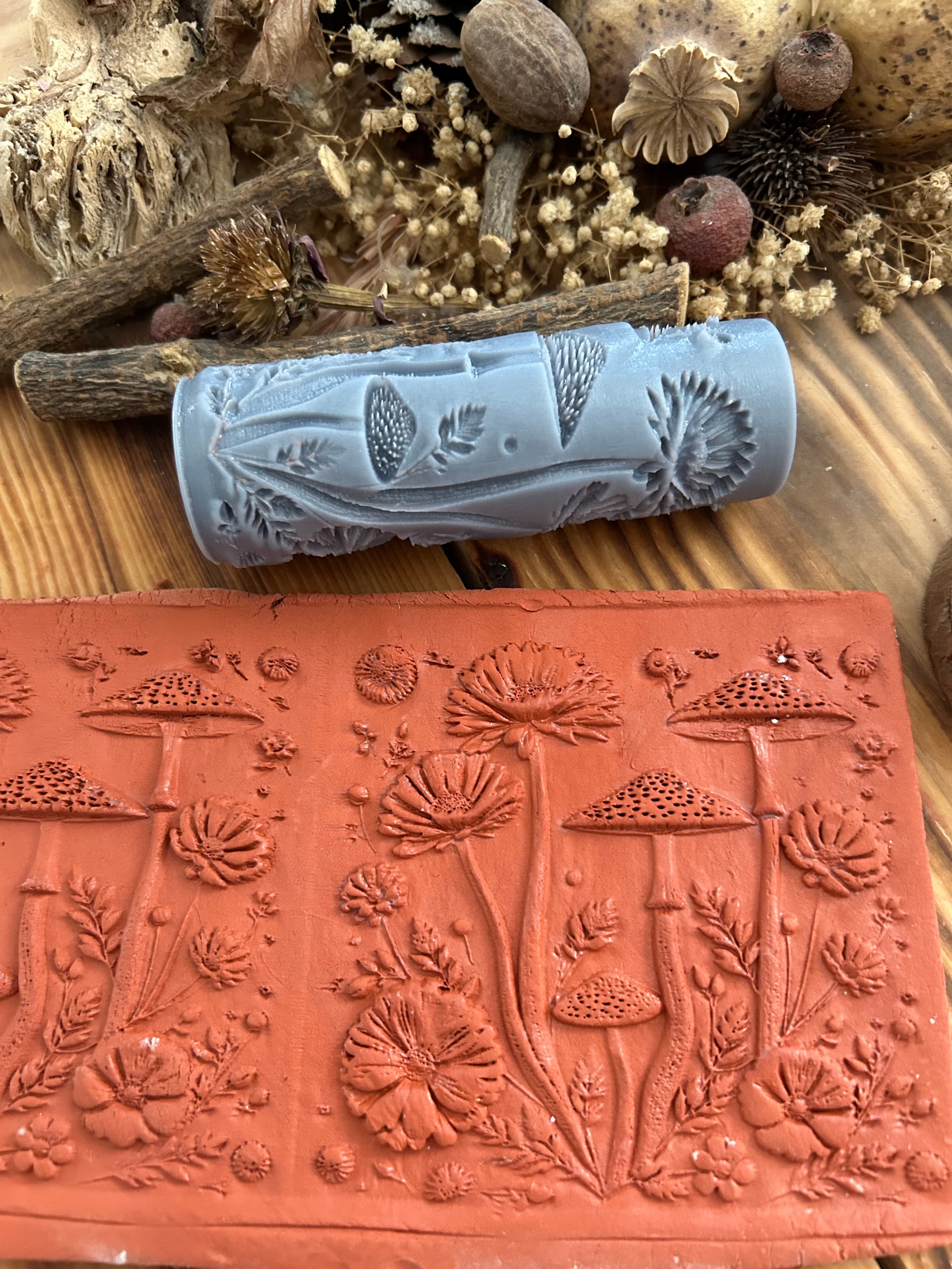 Mushroom & Wildflower Texture Roller: Polymer Clay Embossing Tool
