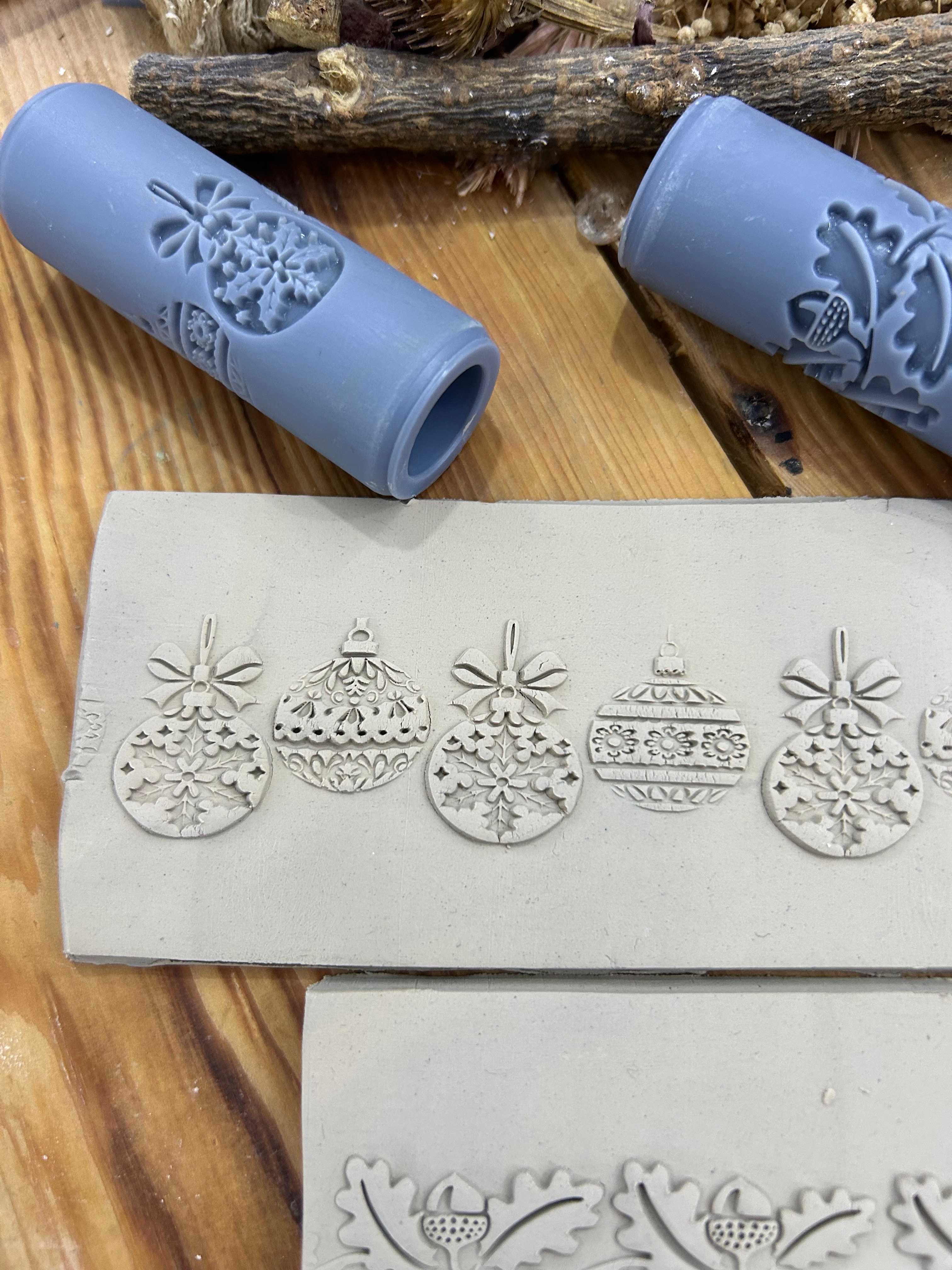 Set of 2 Christmas Rollers – Ornaments & Acorn Border | 7 cm (2.76”) Embossing Rollers for Polymer Clay, Air Dry Clay, Soap & Crafts