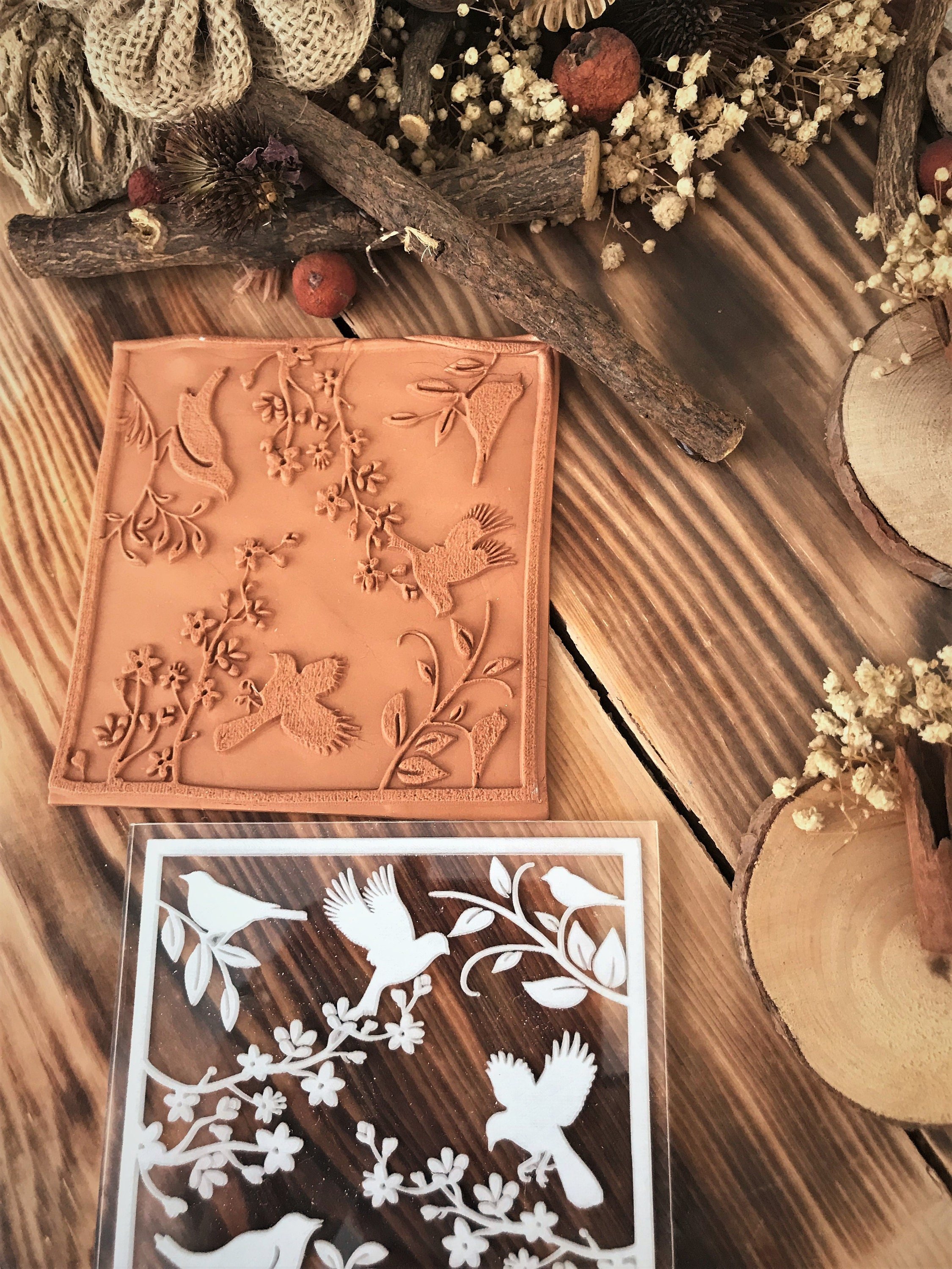 Bird Floral Rubber And Acrylic Texture Mat Stamp for Polymer Clay, Acrylic Clay Tool, Ceramic Pattern Supplies, Crafting Texture Sheet