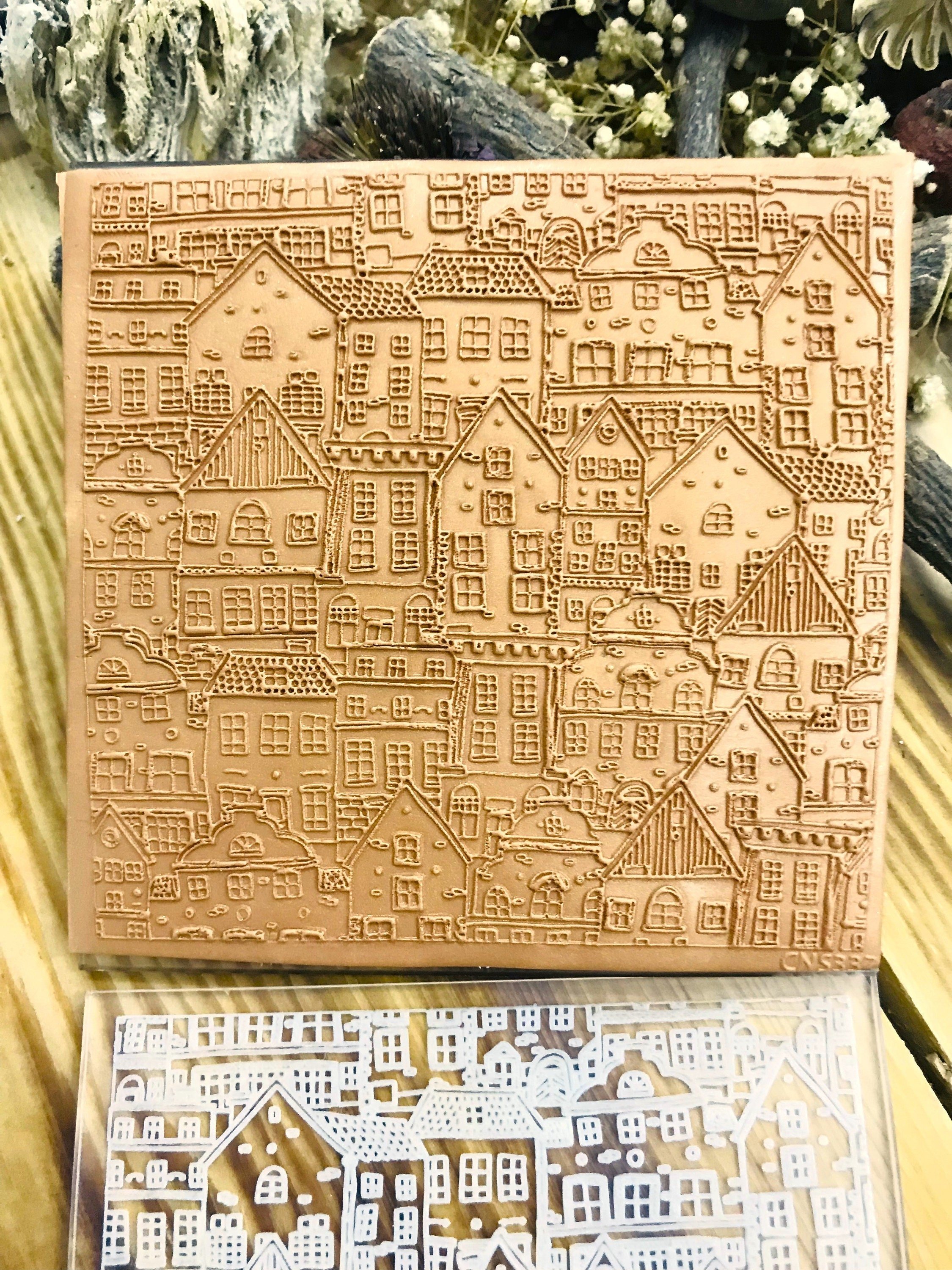 Houses Party Pattern Acrylic Texture Mat – 10x10cm | Polymer Clay Texture Sheet | Embossing Stamp for Clay, Fondant | Fimo, Sculpey, Cernit Compatible
