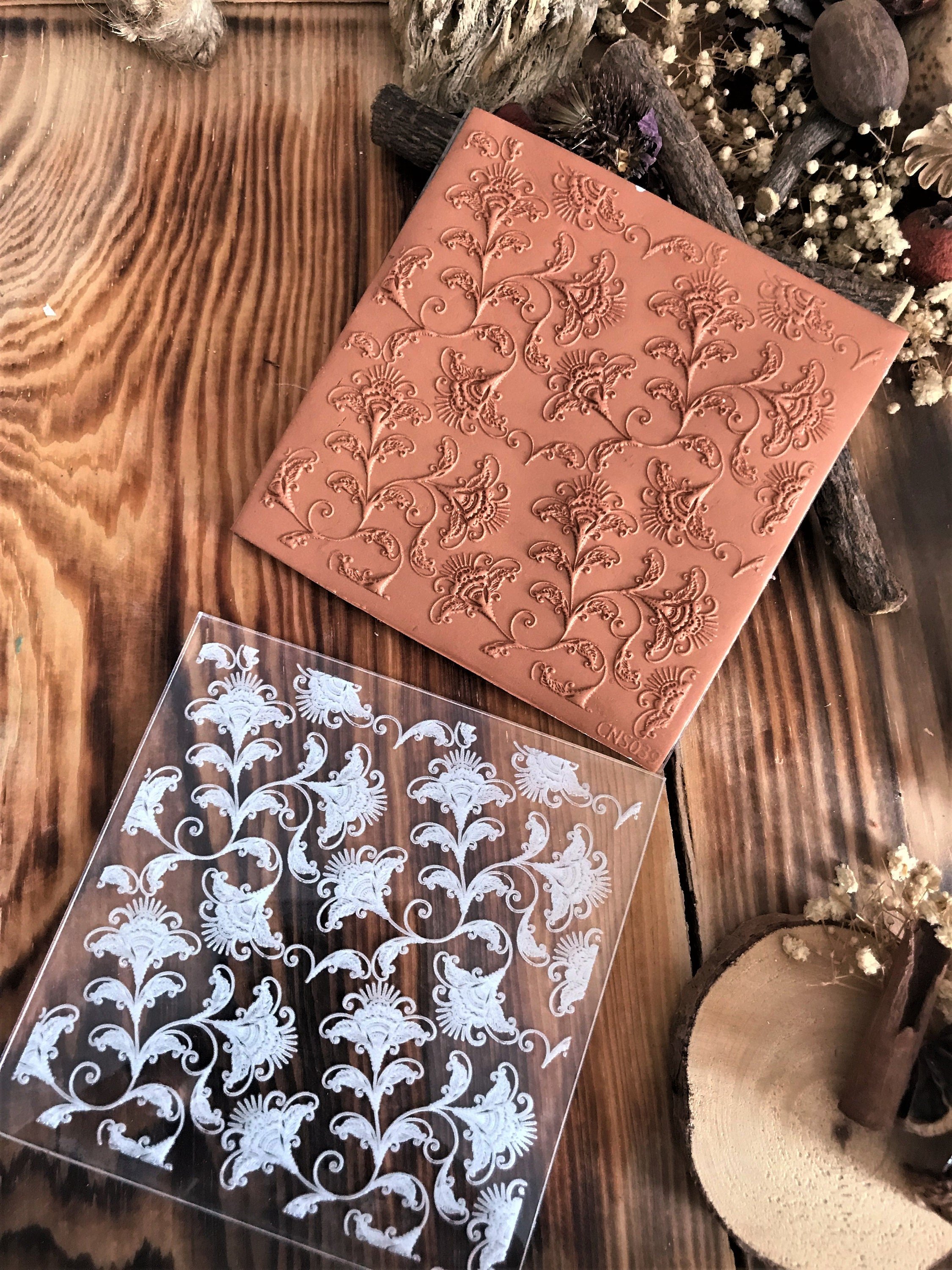 Branches And Florals2 Texture Mat - Rubber or Acrylic Texture Sheet for Polymer Clay, Ceramic, & Acrylic Impression Tool, Texture Plate for Crafting