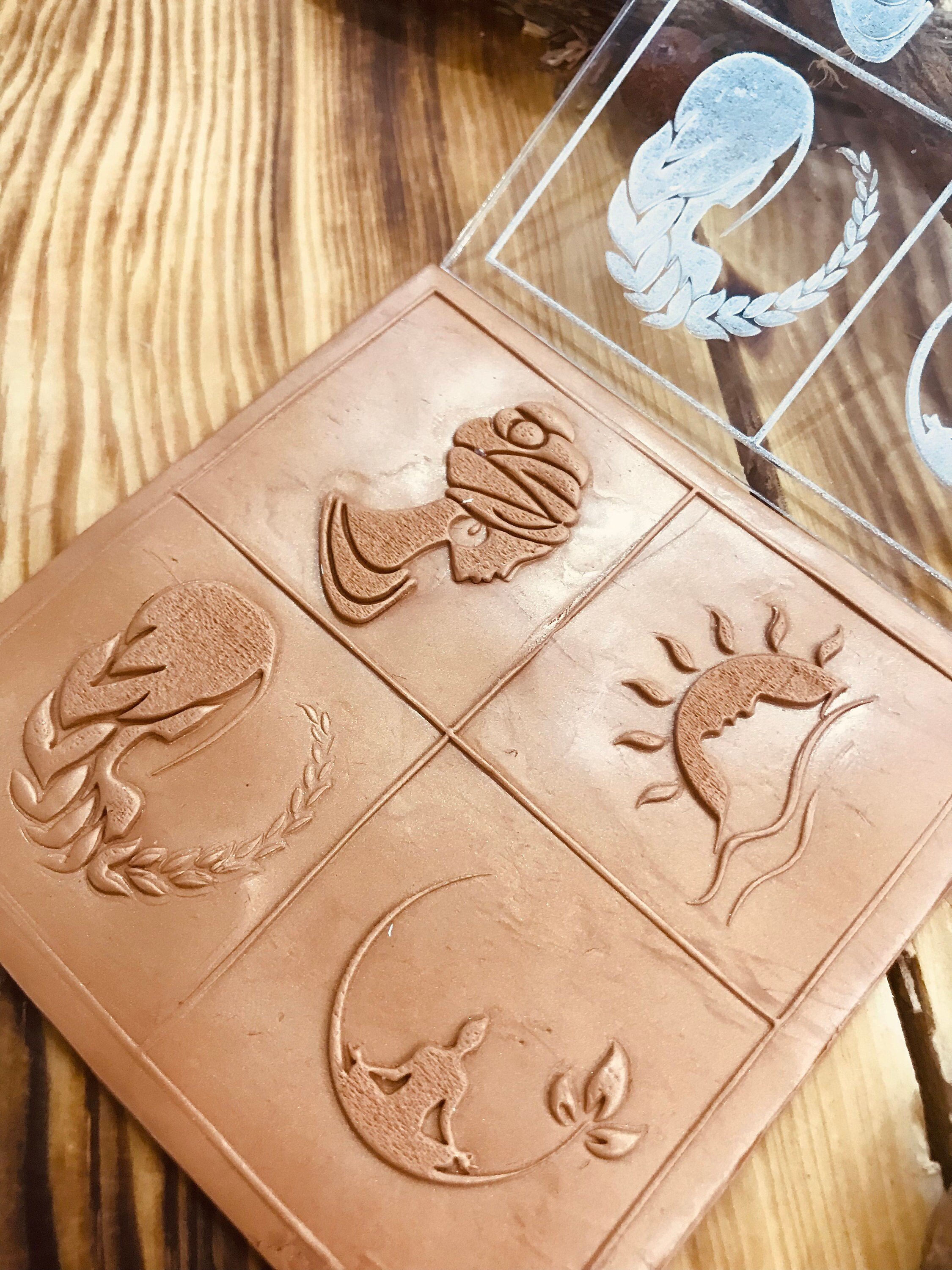 Women Symbol Texture Stamp – 4 Feminine World Symbols Mold for Polymer Clay, Air Dry Clay & Metal Clay | 10x10 cm Rubber or Acrylic